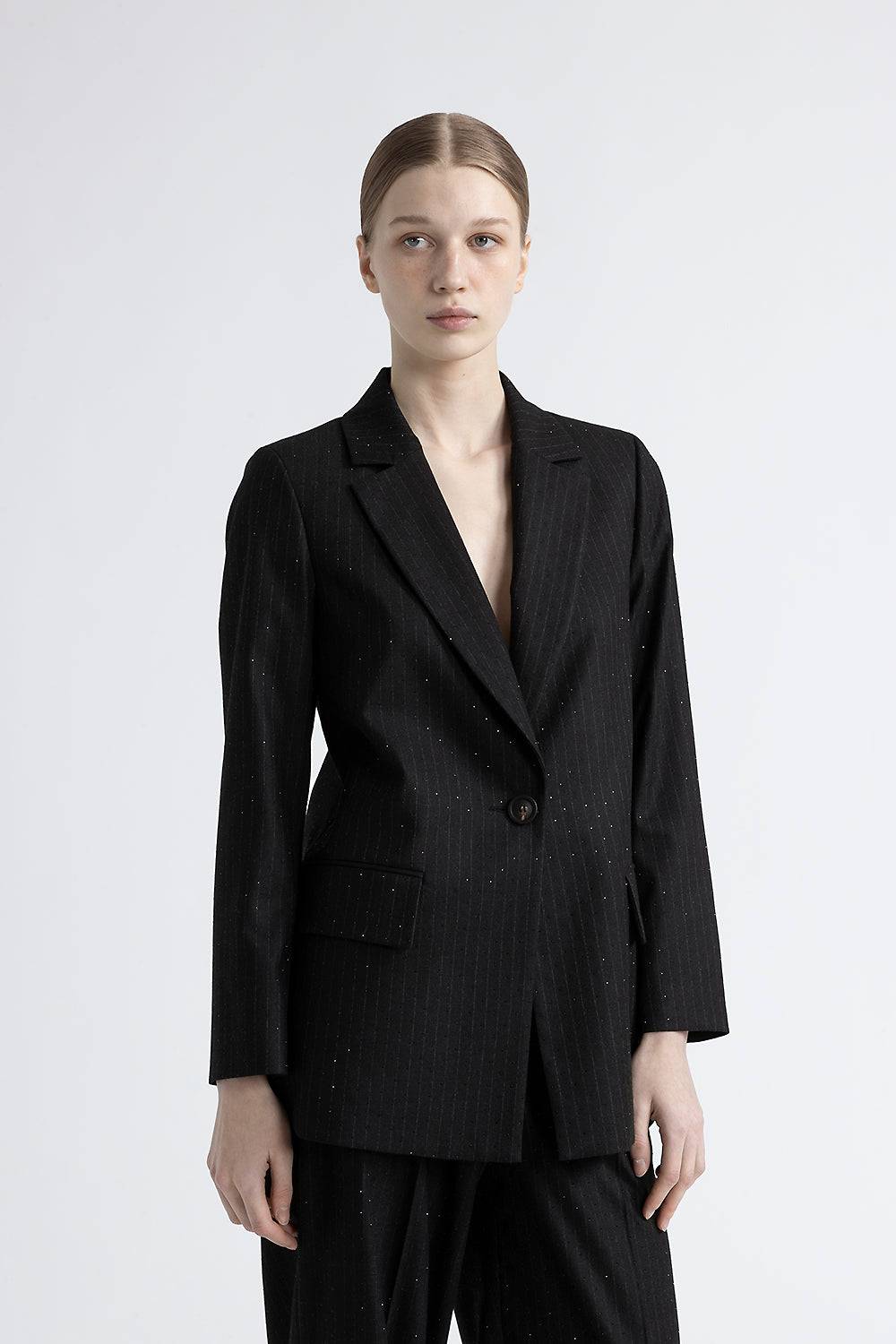 Peserico Blazer monopetto in flanella gessata di viscosa con strass Saldi Di Fabbrica