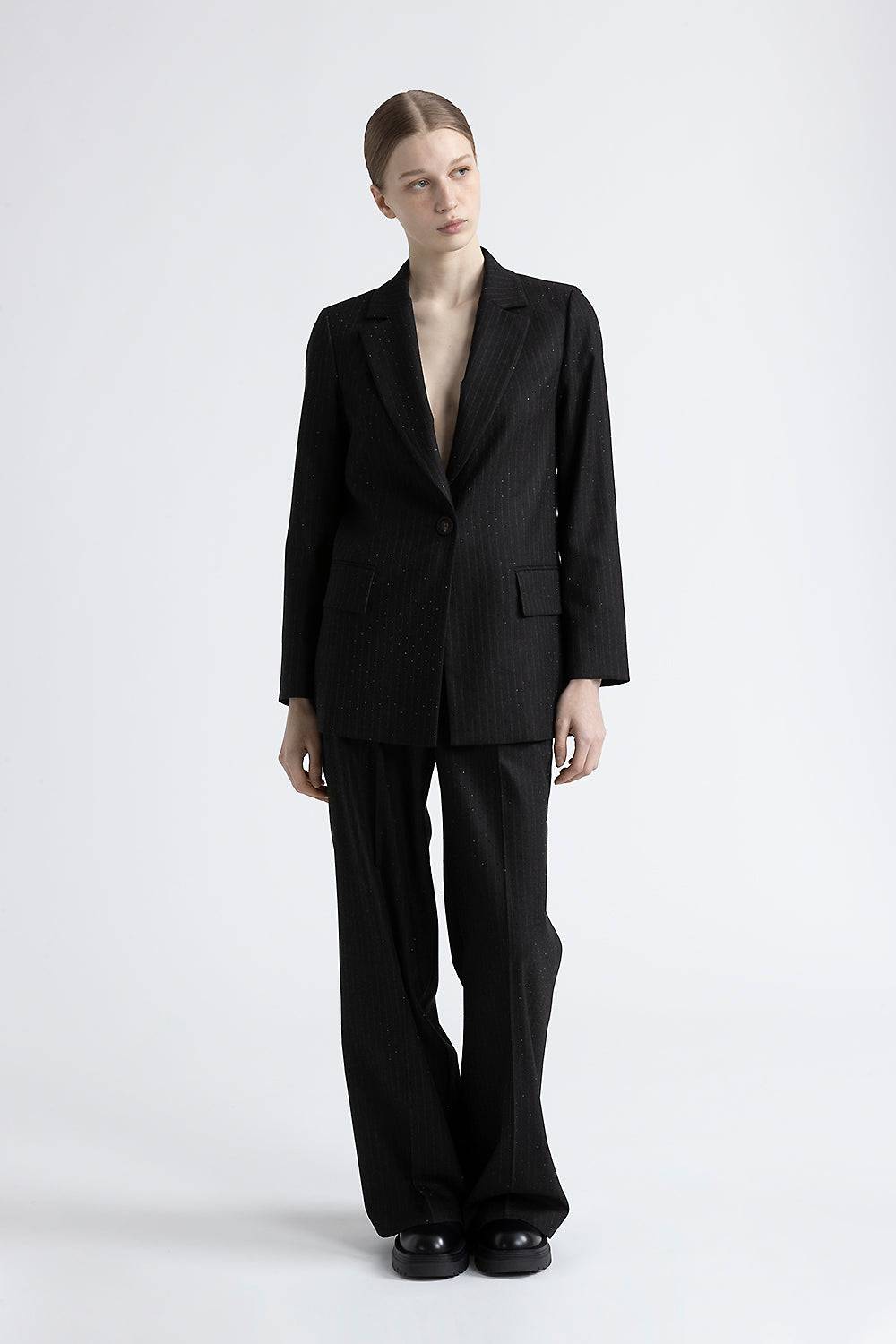 Peserico Blazer monopetto in flanella gessata di viscosa con strass Saldi Di Fabbrica