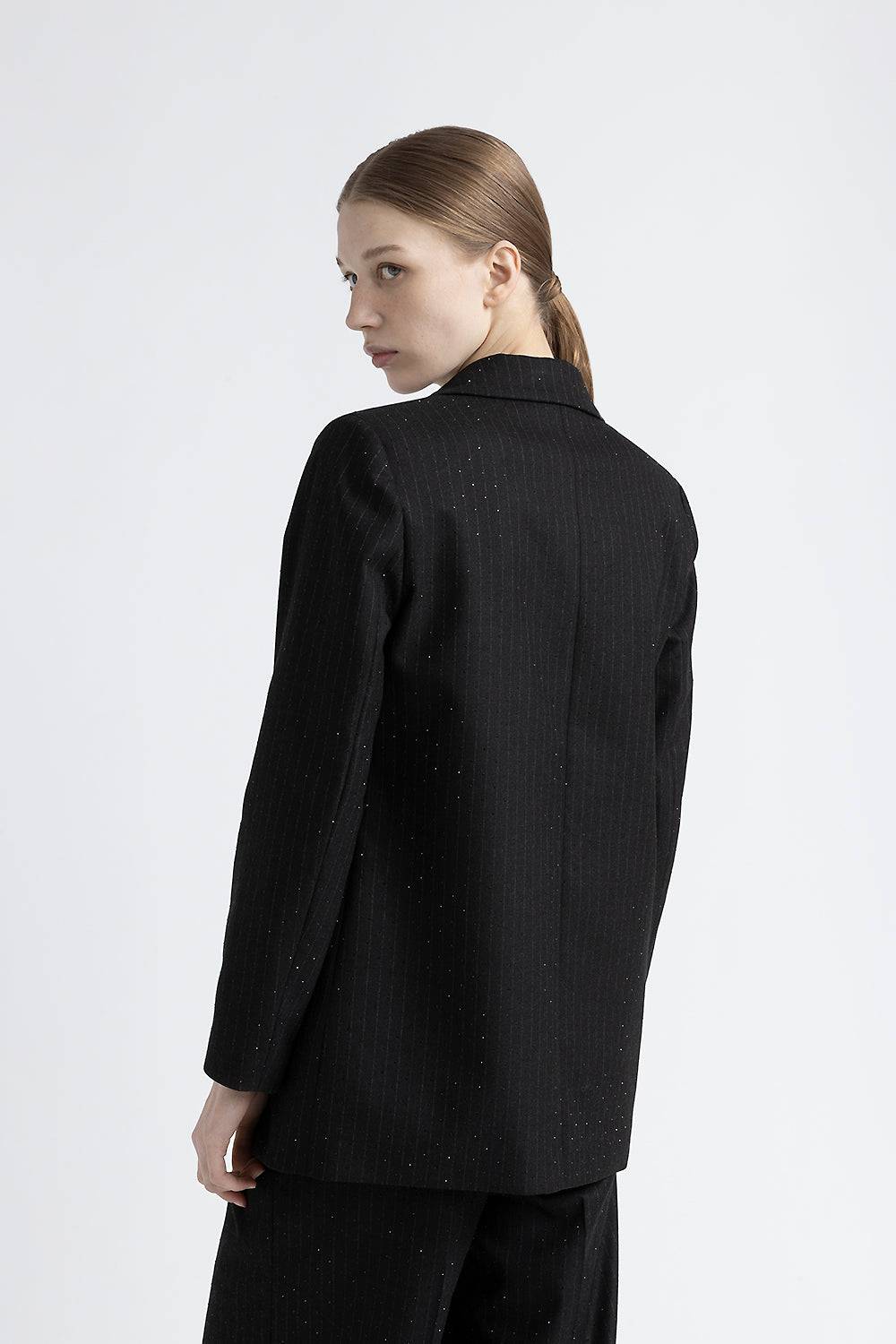 Peserico Blazer monopetto in flanella gessata di viscosa con strass Saldi Di Fabbrica