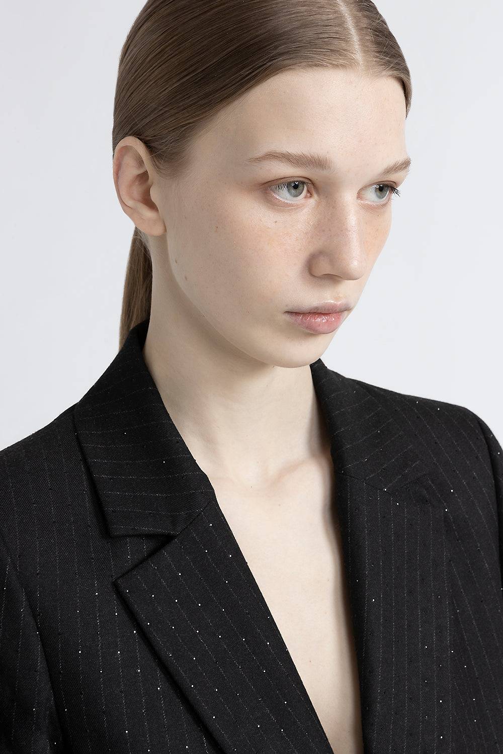 Peserico Blazer monopetto in flanella gessata di viscosa con strass Saldi Di Fabbrica