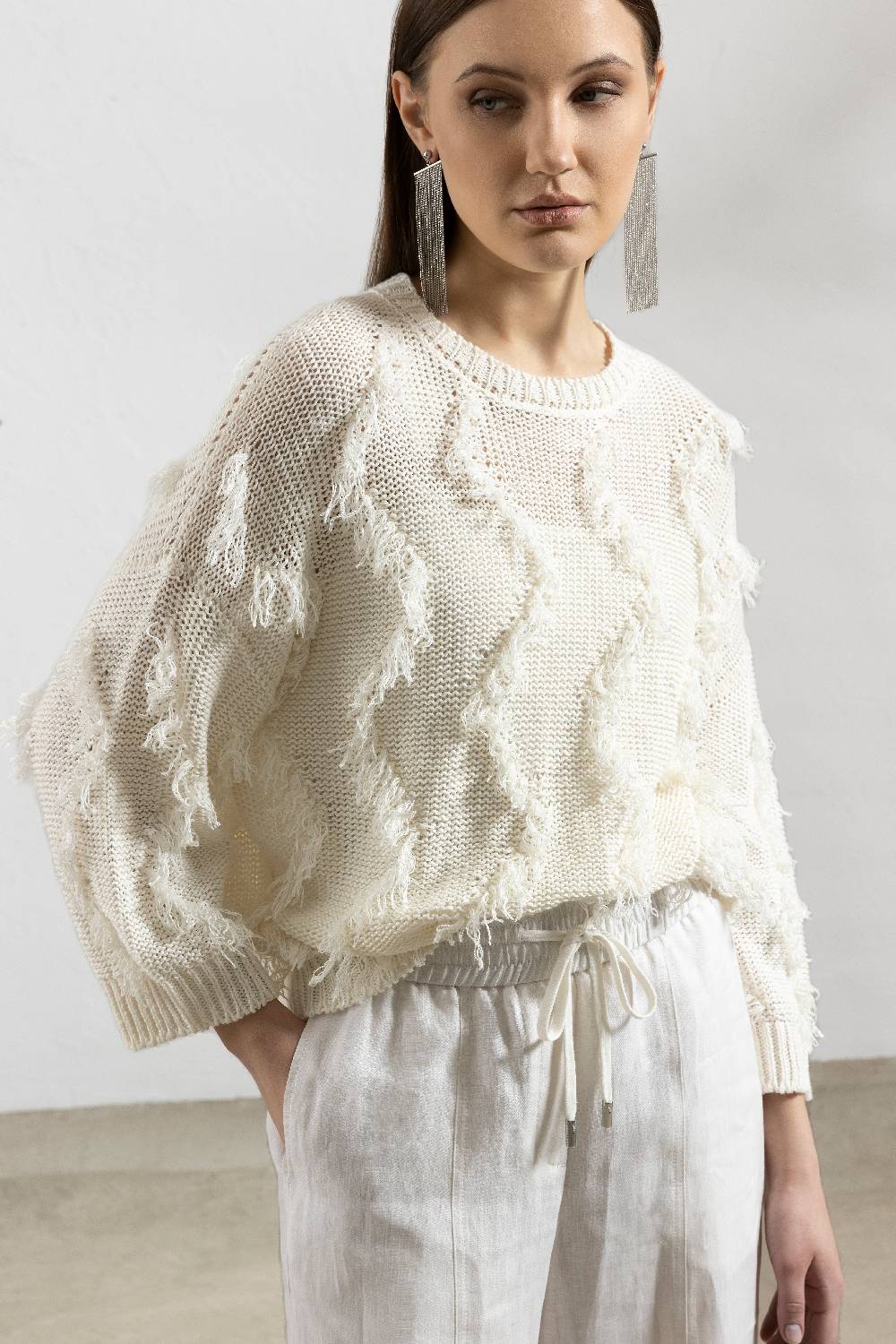 Peserico Maglia con frange in filato mélange di lino e cotone