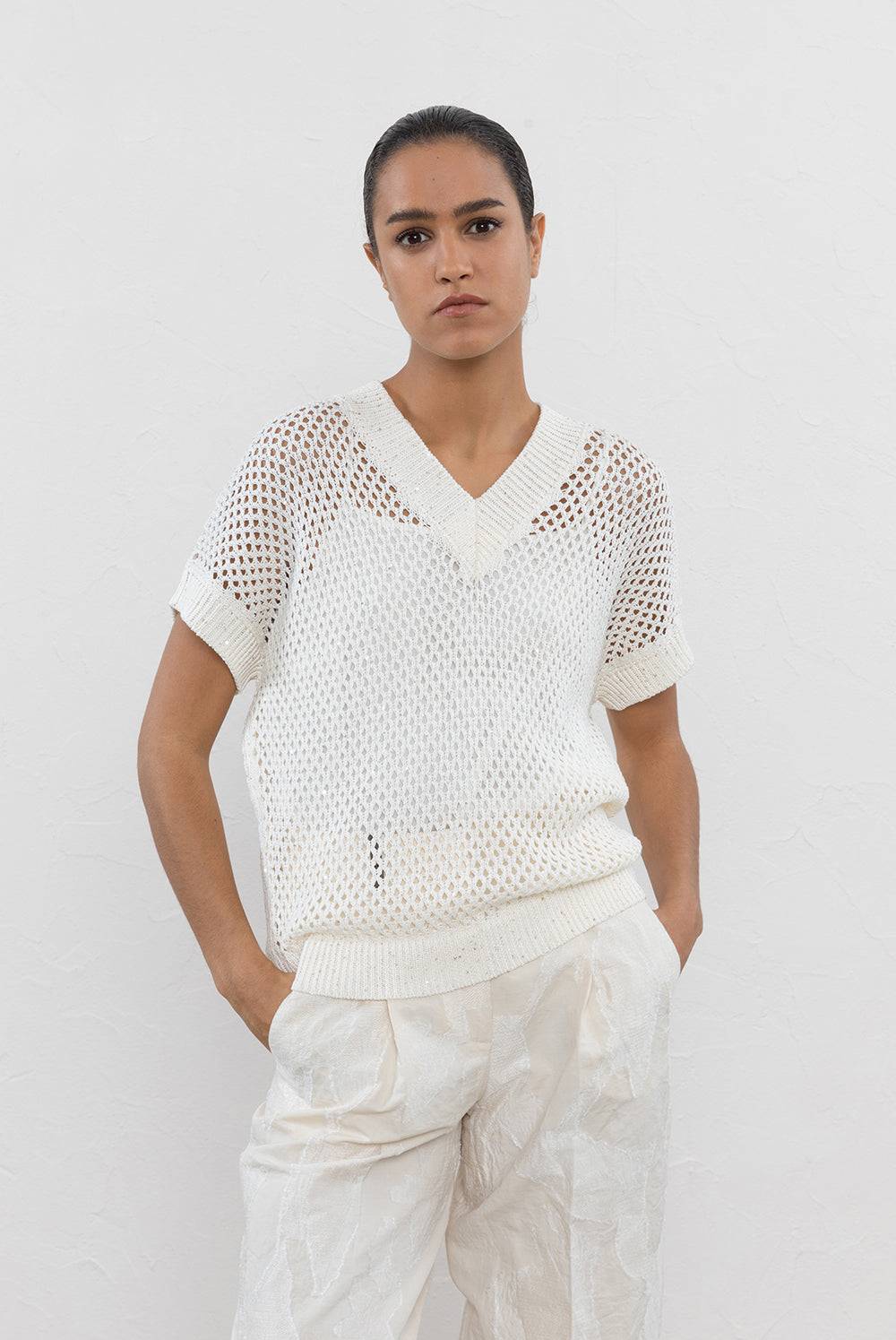 Peserico Maglia a kimono in cordonetto di puro cotone e micropaillettes Smaltimento dello stoccaggio