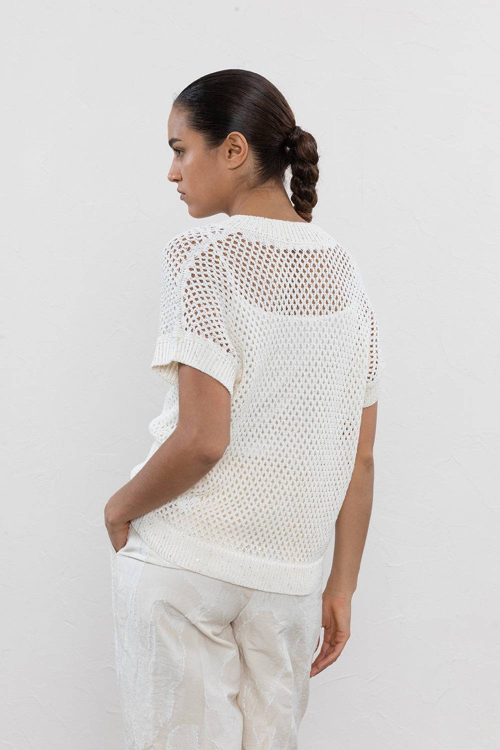 Peserico Maglia a kimono in cordonetto di puro cotone e micropaillettes Smaltimento dello stoccaggio
