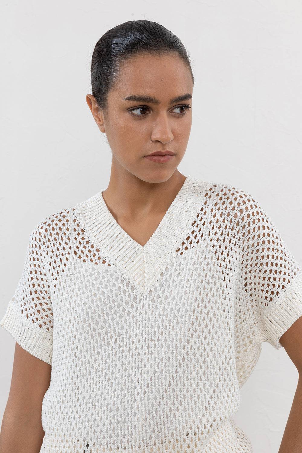 Peserico Maglia a kimono in cordonetto di puro cotone e micropaillettes Smaltimento dello stoccaggio