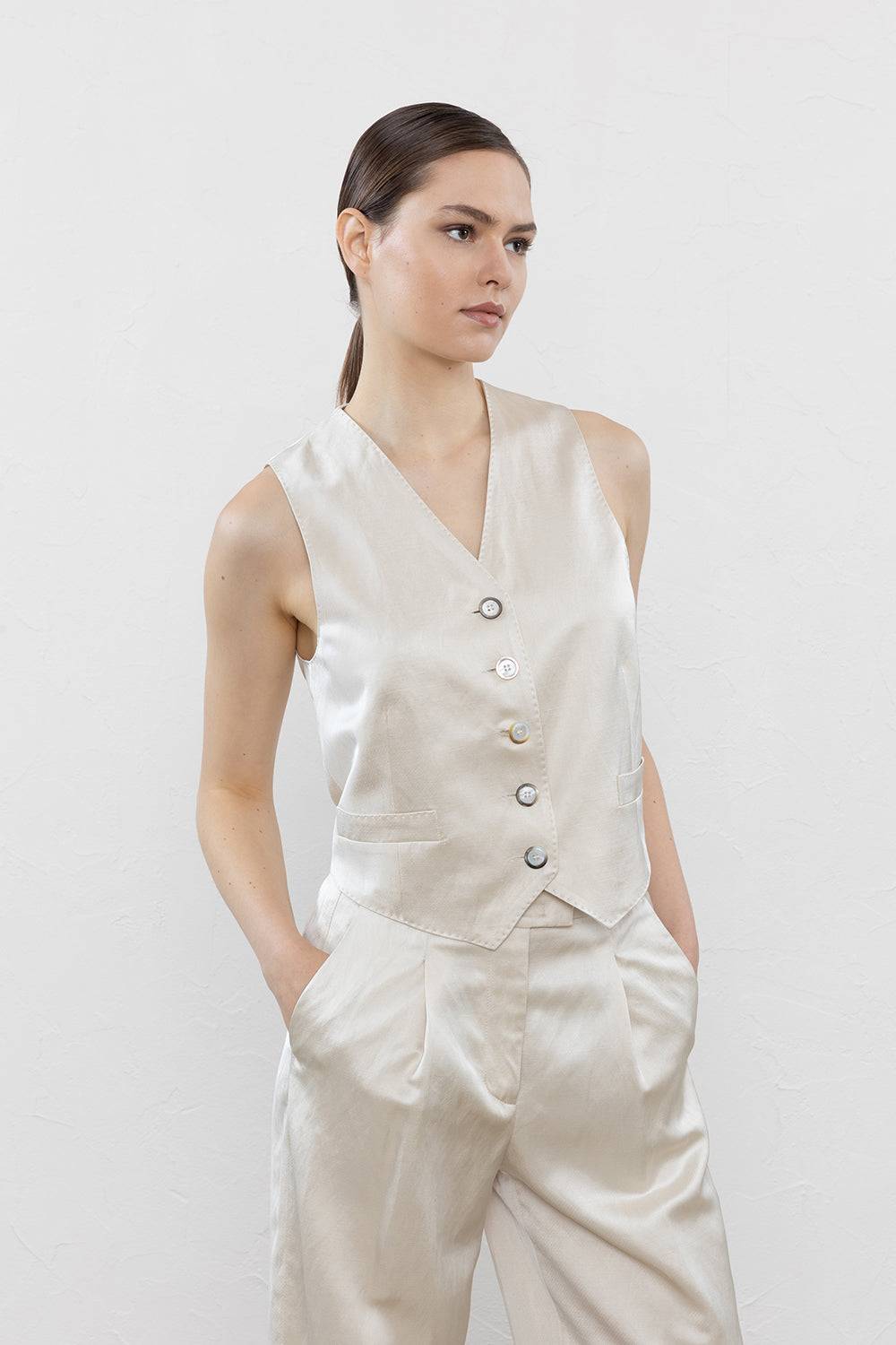 Peserico Gilet monopetto in twill lucido di viscosa, lino e cotone