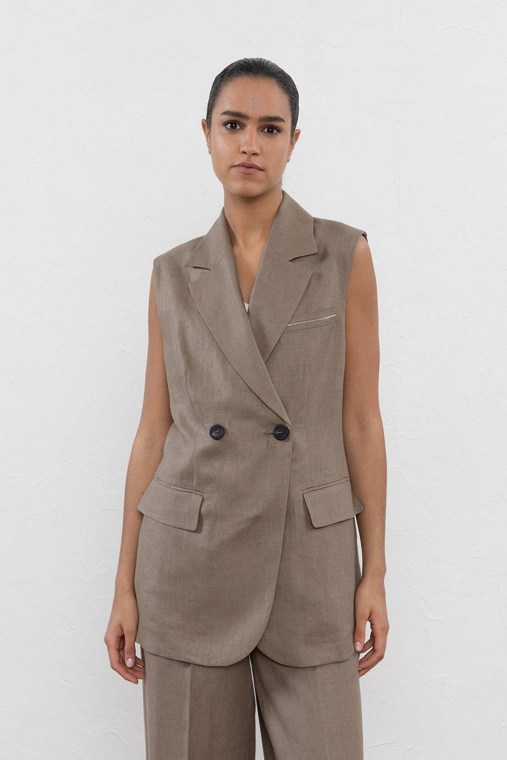 Peserico Gilet doppiopetto in gabardina di puro lino Black Friday Prezzi