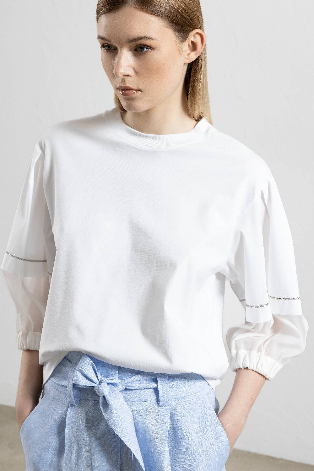 Peserico T-shirt in cotone e maniche bimateriche in organza Soddisfazione Garantita