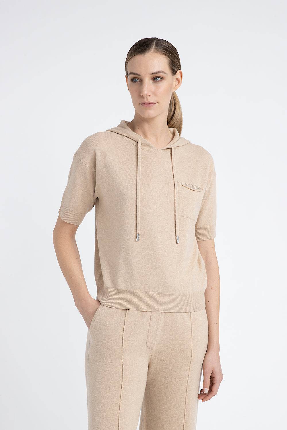 Peserico Maglia maniche corte con cappuccio in lana seta cashmere Vendita Economica
