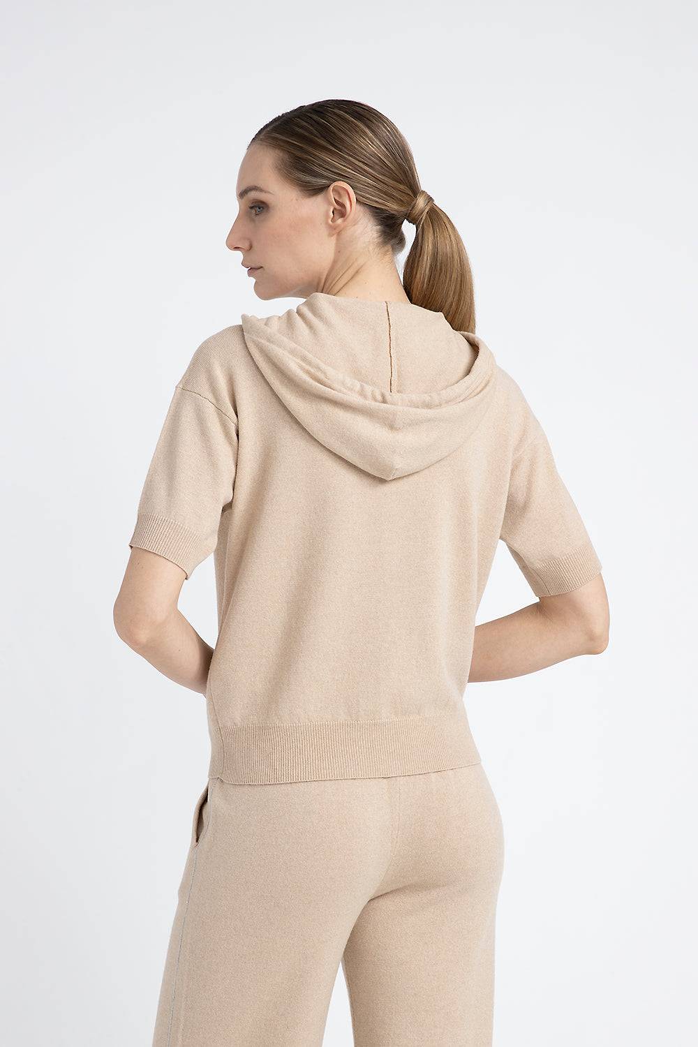 Peserico Maglia maniche corte con cappuccio in lana seta cashmere Vendita Economica