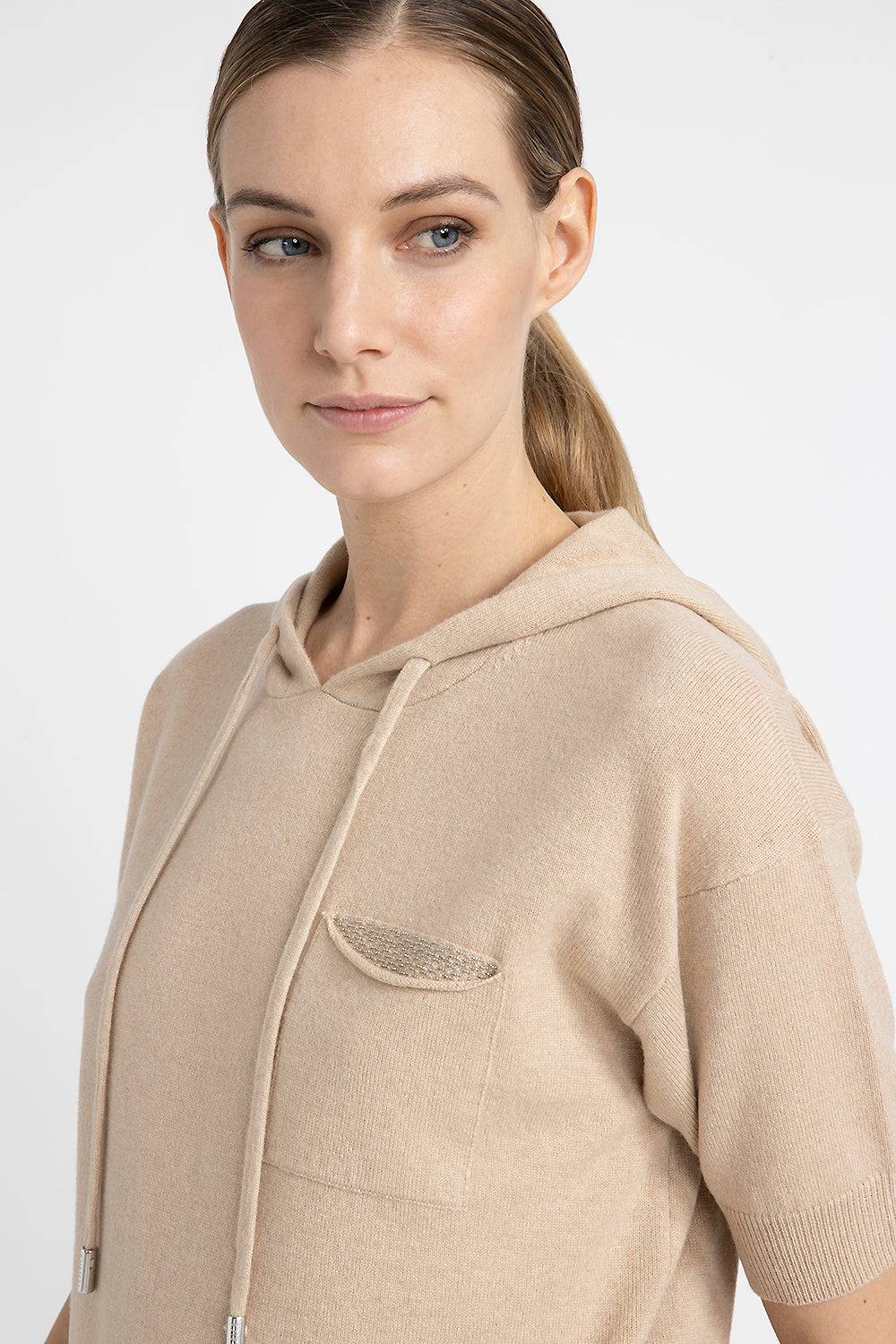 Peserico Maglia maniche corte con cappuccio in lana seta cashmere Vendita Economica