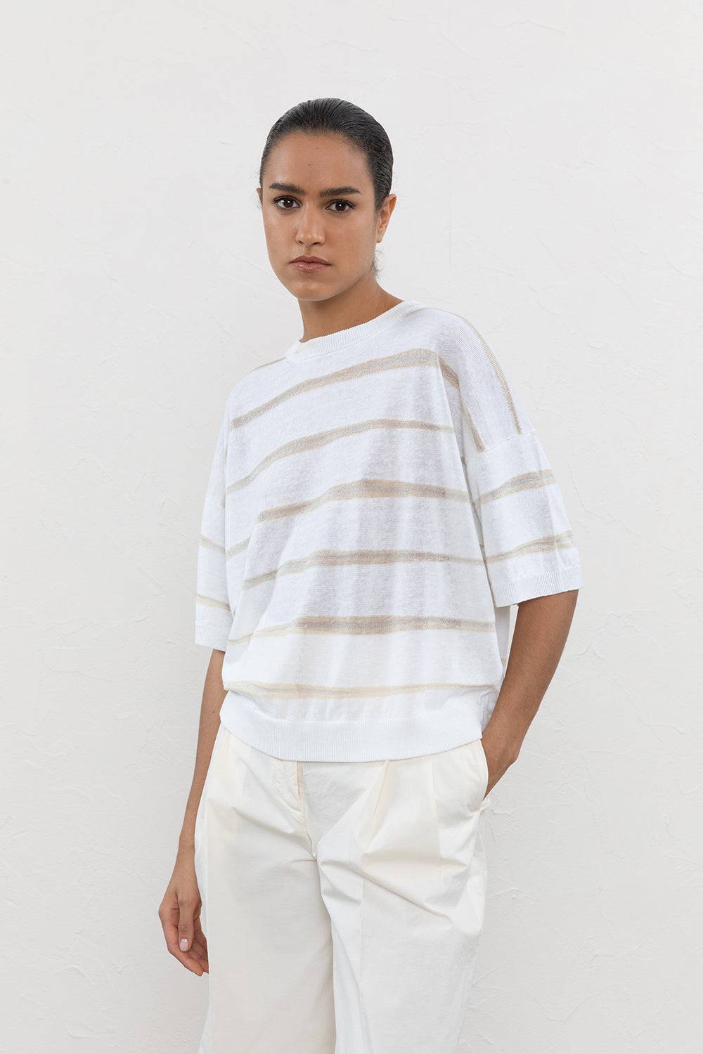 Peserico Maglia a righe in filato di lino e cotone con lurex Offerta Giorno del Papà