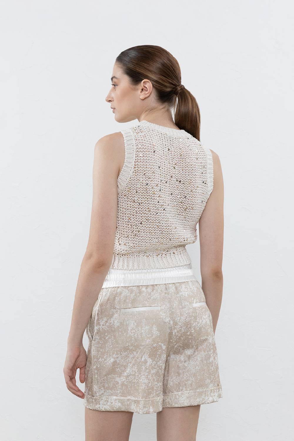 Peserico Top crop in fettuccia di cotone e maxi paillettes Vendita calda