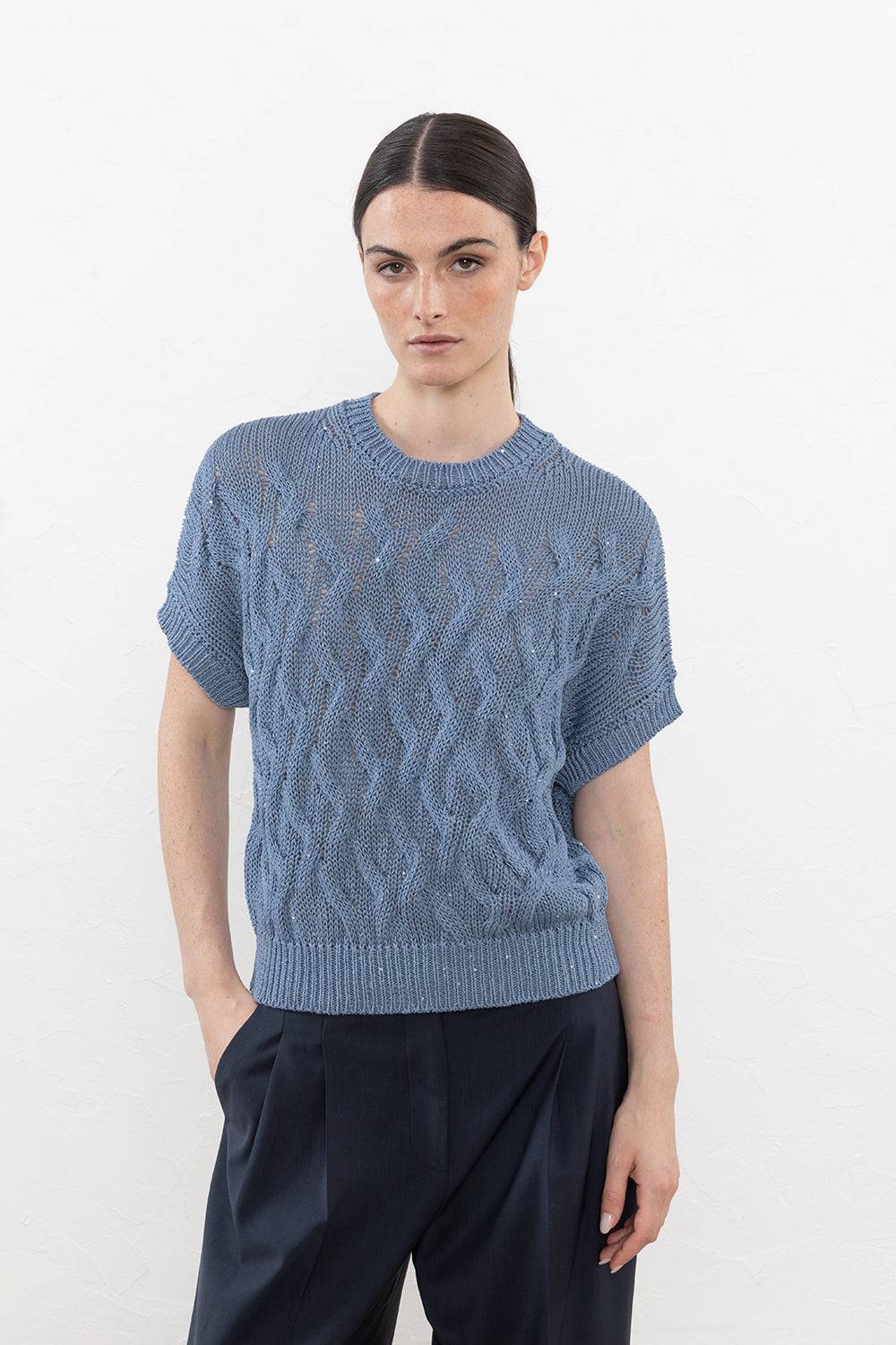 Peserico Maglia a kimono in filato di cotone intrecciato a losanga con micropaillettes Offerta temporanea