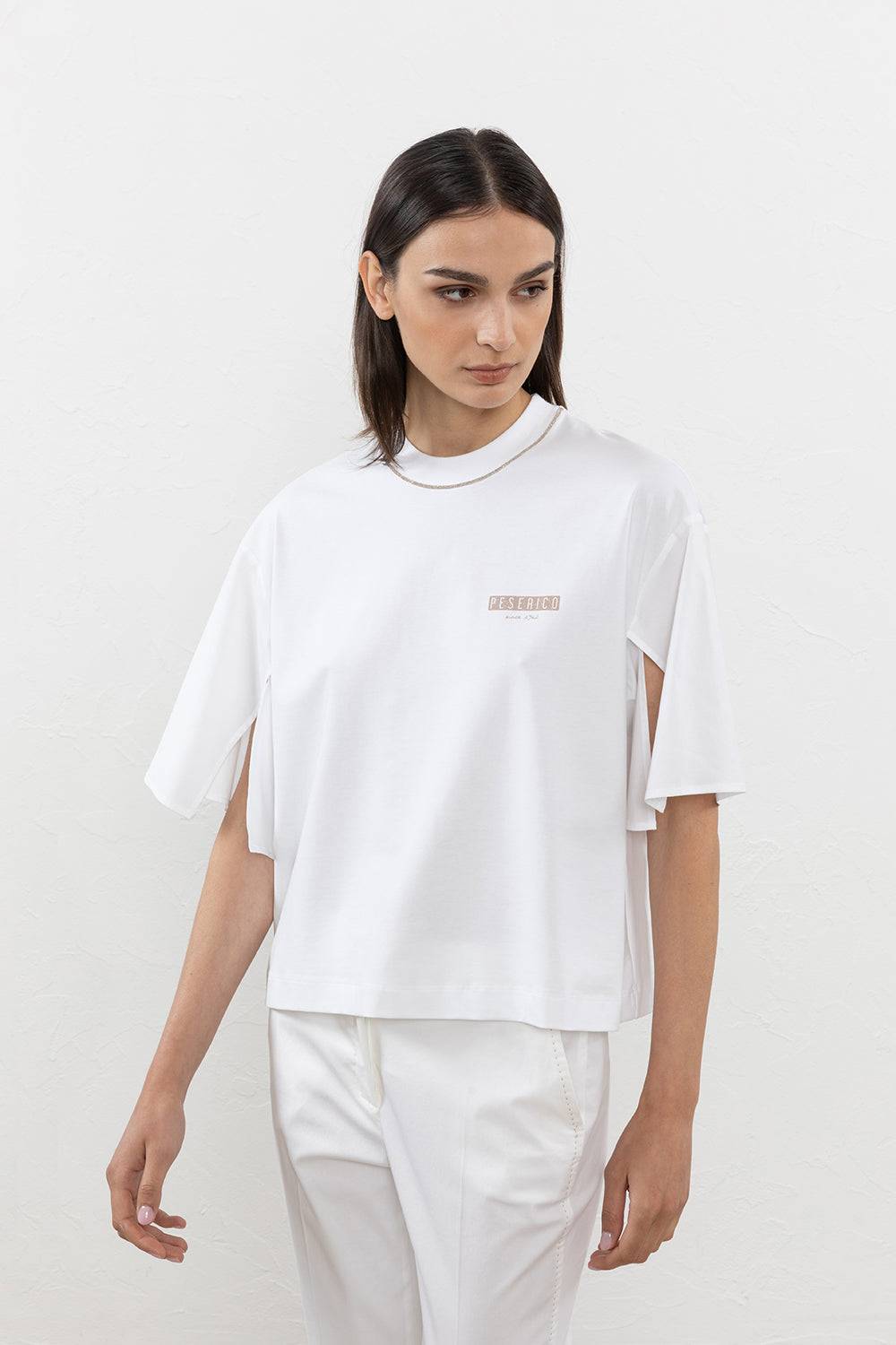 Peserico T-shirt in jersey e popeline di cotone con spacchi sulle maniche Italia