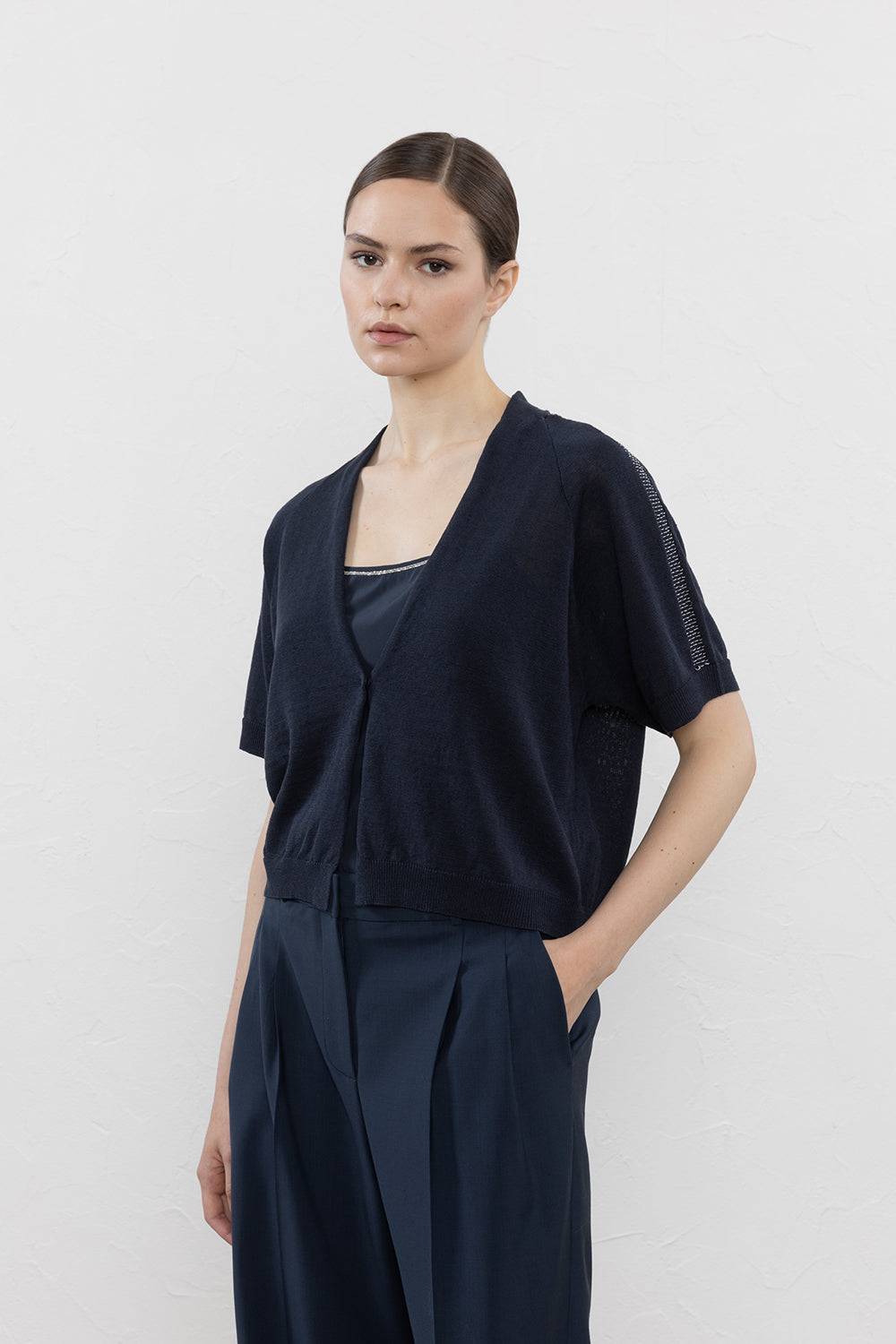 Peserico Cardigan crop in filato di lino cotone crepe Super sconto