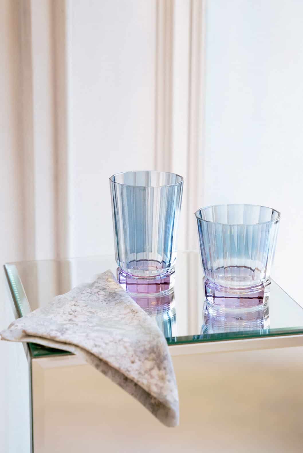 Luisa Beccaria Set di due bicchieri Duccio piccoli a righe blu con base viola Soddisfazione Garantita