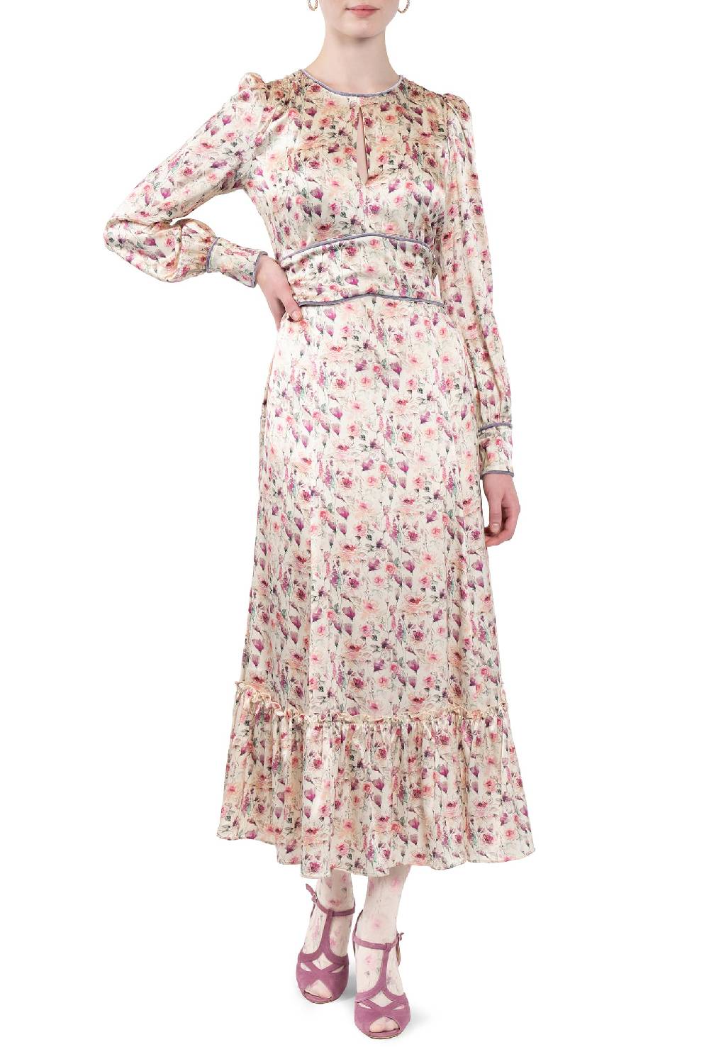 Luisa Beccaria Abito in raso stampato crema con rose selvatiche Offerte
