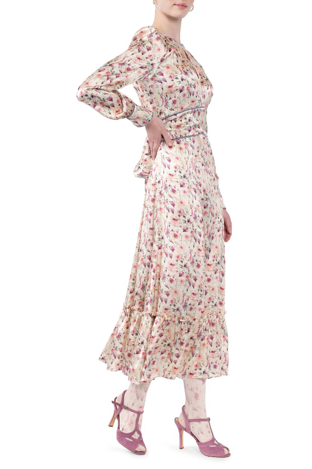 Luisa Beccaria Abito in raso stampato crema con rose selvatiche Offerte