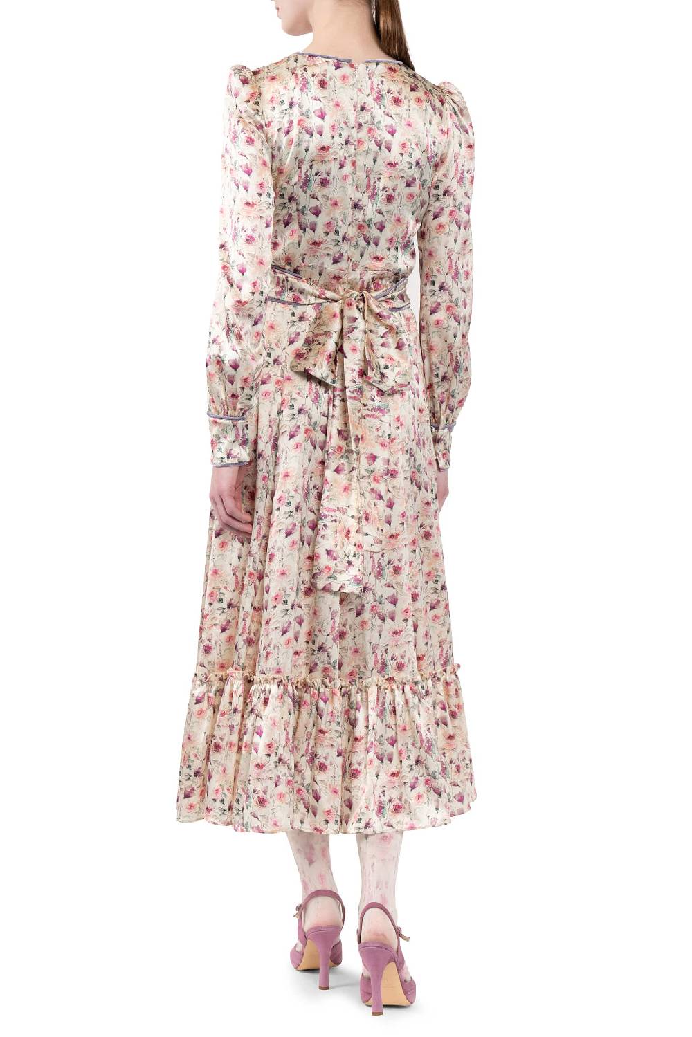 Luisa Beccaria Abito in raso stampato crema con rose selvatiche Offerte