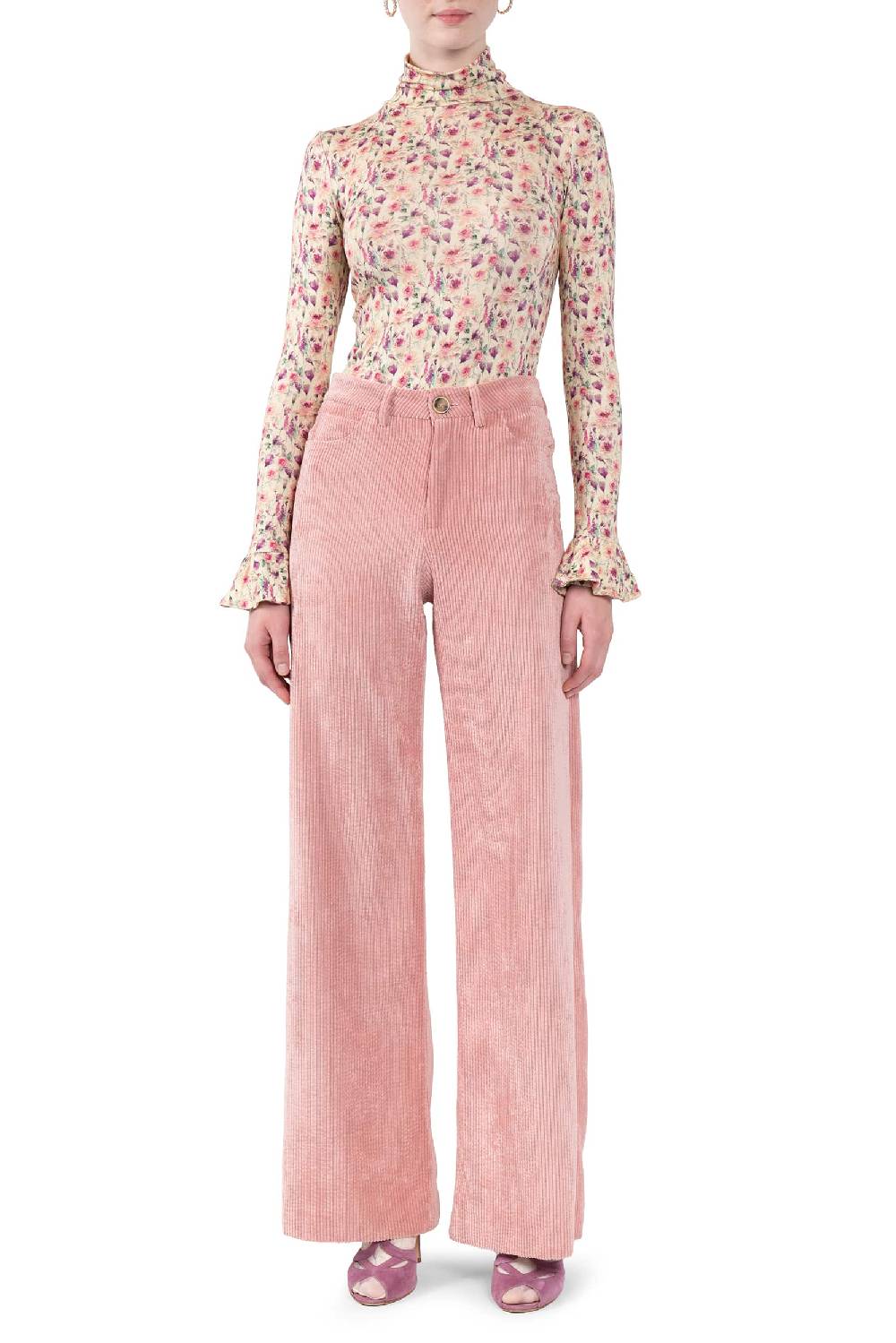 Luisa Beccaria Pantaloni palazzo in velluto a coste rosa Vendita Calda