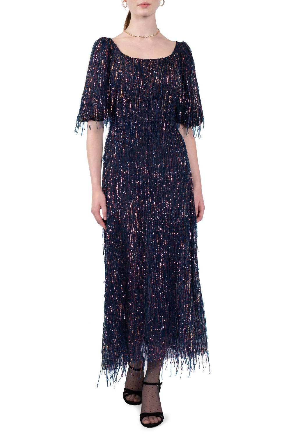 Luisa Beccaria Abito in paillettes con scollatura ampia e frange Saldi Di Fabbrica