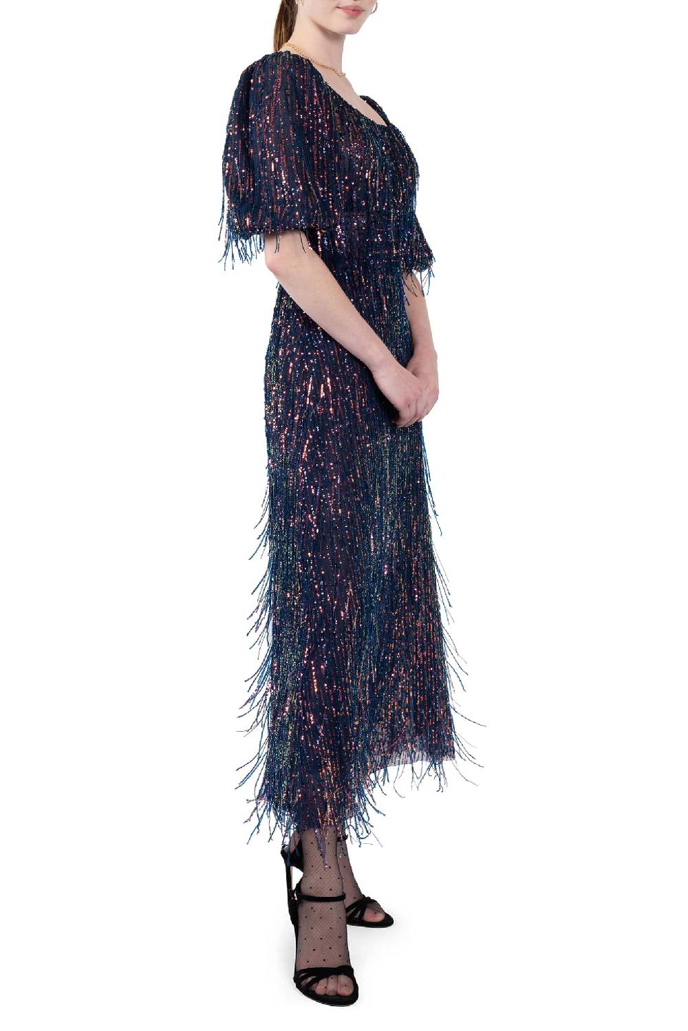 Luisa Beccaria Abito in paillettes con scollatura ampia e frange Saldi Di Fabbrica