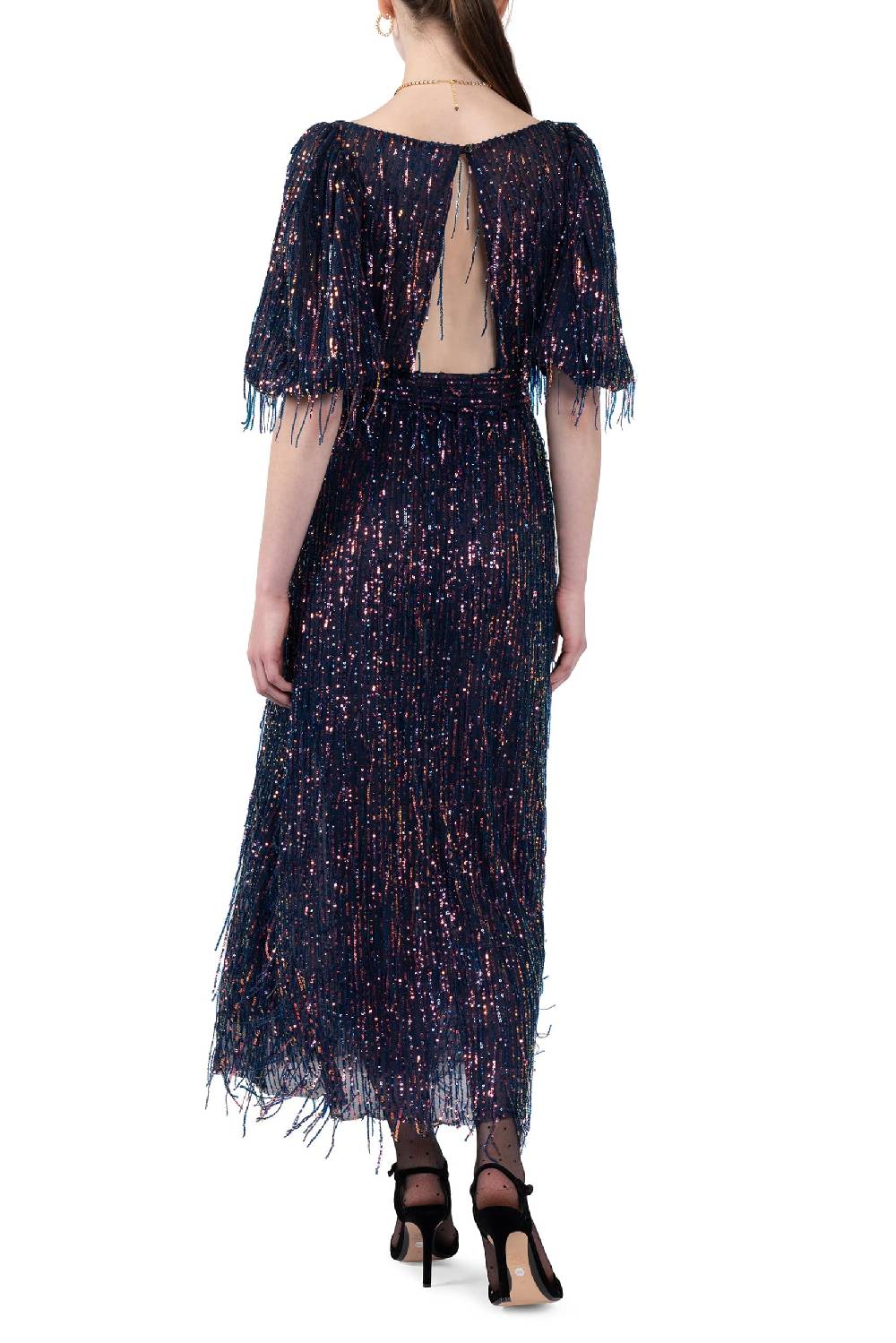 Luisa Beccaria Abito in paillettes con scollatura ampia e frange Saldi Di Fabbrica