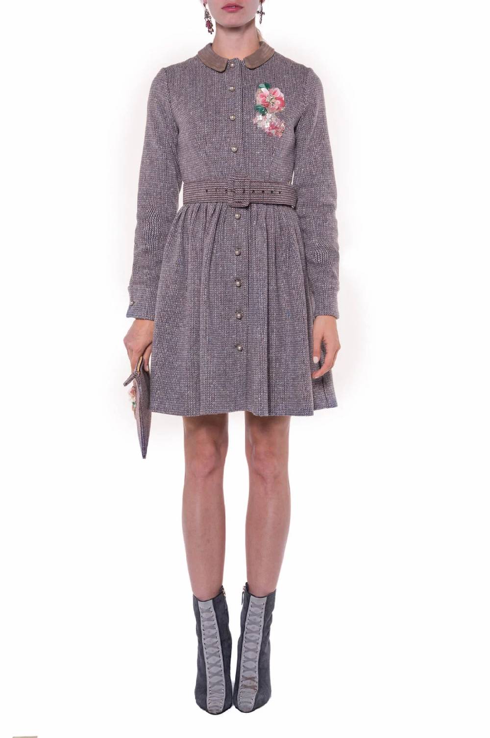 Luisa Beccaria Abito A Maniche Lunghe In Tweed Con Ricamo Vendita Calda