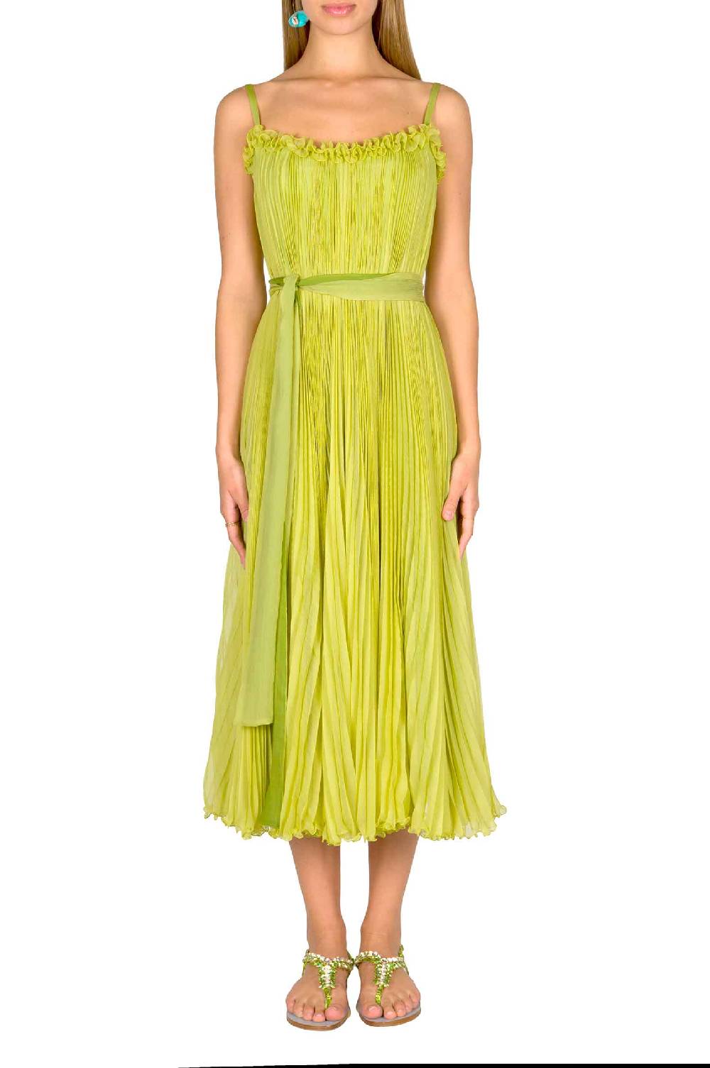 Luisa Beccaria Abito plissettato verde lime con fascia Vendita