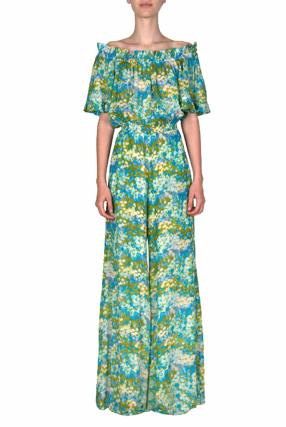 Luisa Beccaria Tuta blu Monet con spalle scoperte Promozione