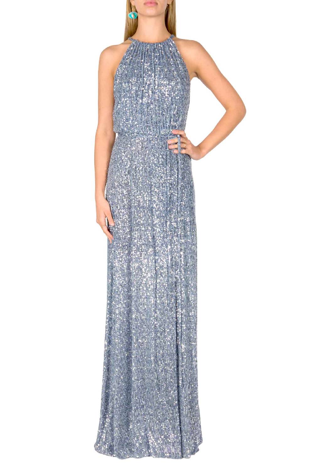 Luisa Beccaria Abito blu con paillettes a fessura alta Soddisfazione Garantita