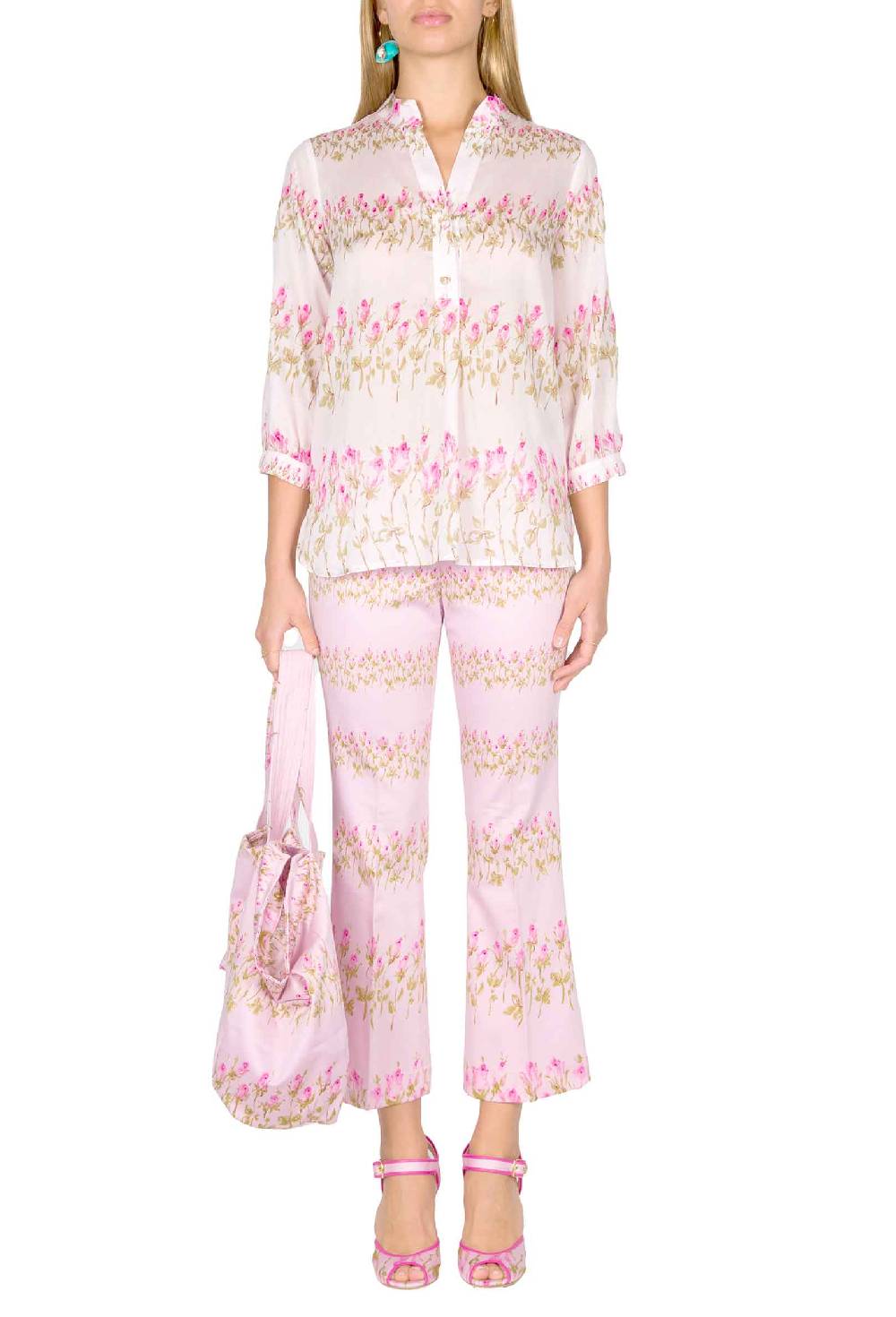 Luisa Beccaria Camicia rosa a righe fiorite Presa