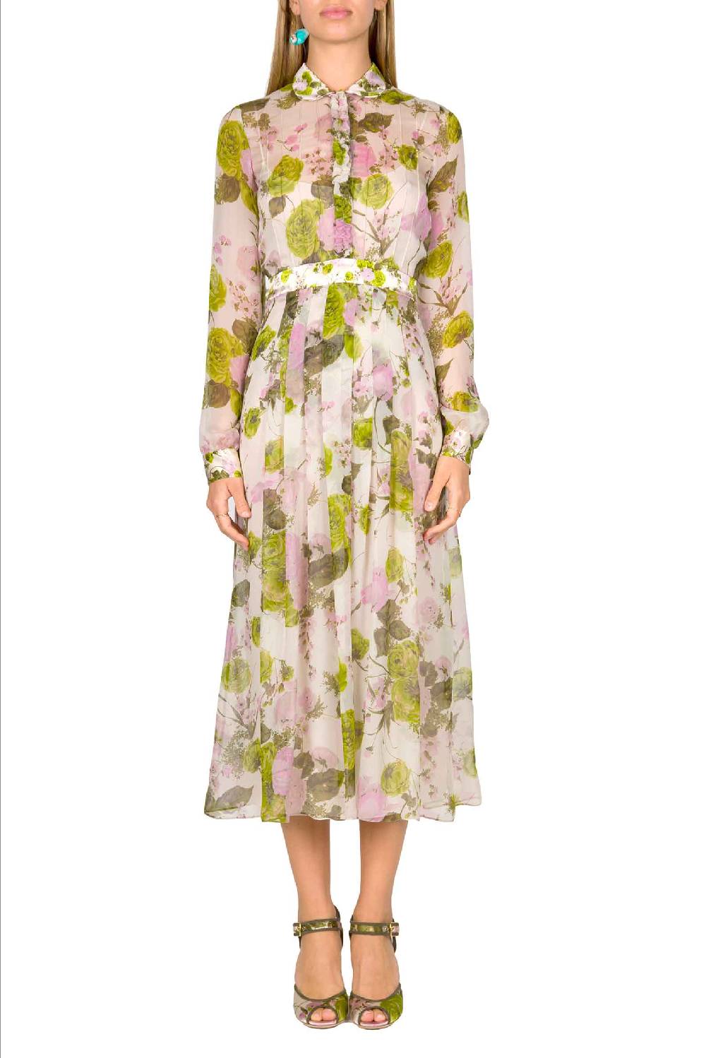Luisa Beccaria Abito midi in chiffon stampato con rose in fiore Shopping Online