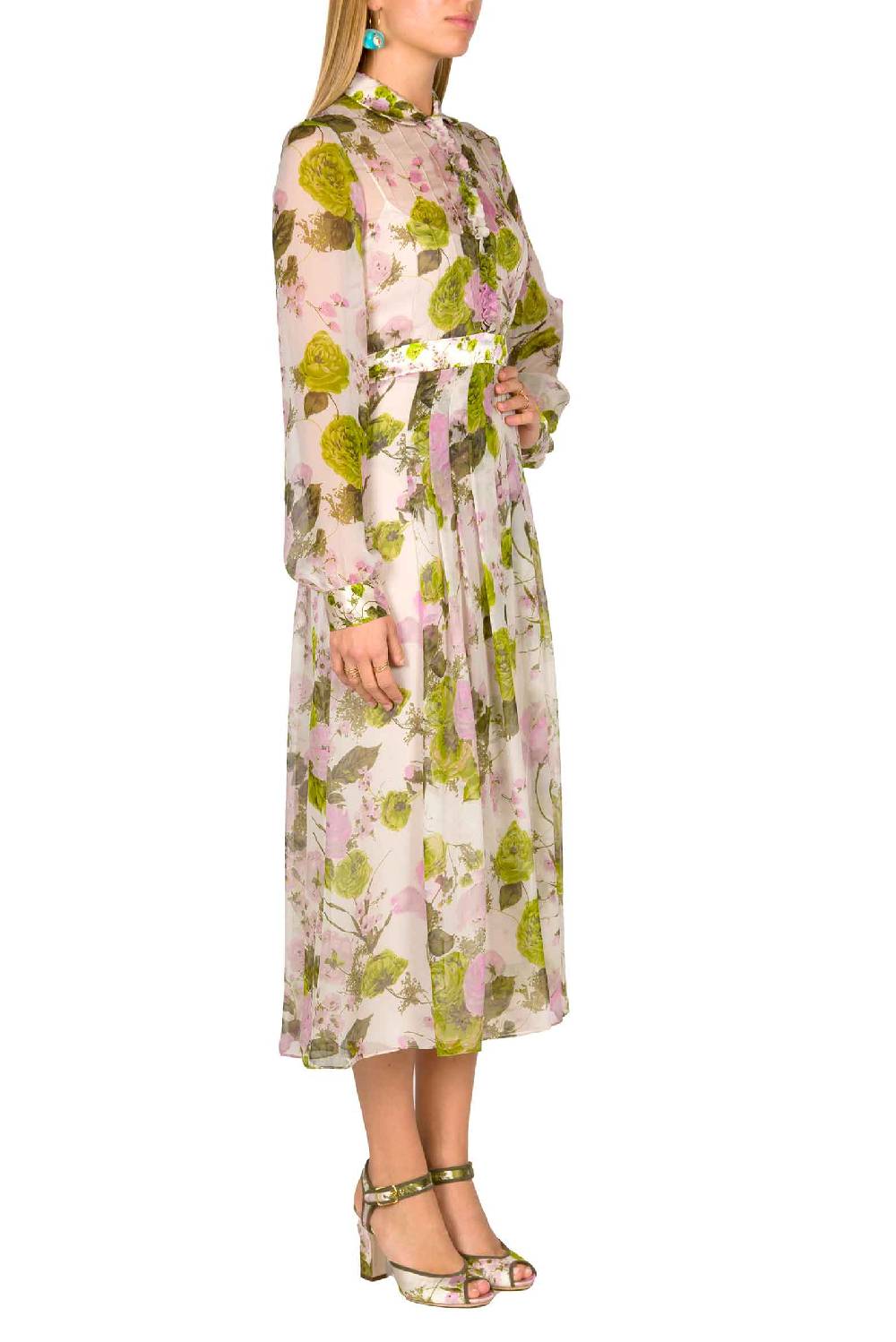 Luisa Beccaria Abito midi in chiffon stampato con rose in fiore Shopping Online