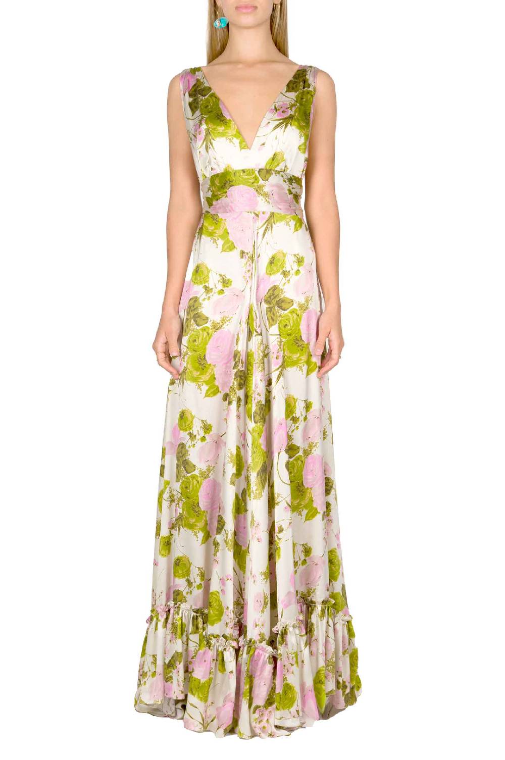 Luisa Beccaria Abito Lungo In Seta Blooming Roses Con Scollo A V 2025