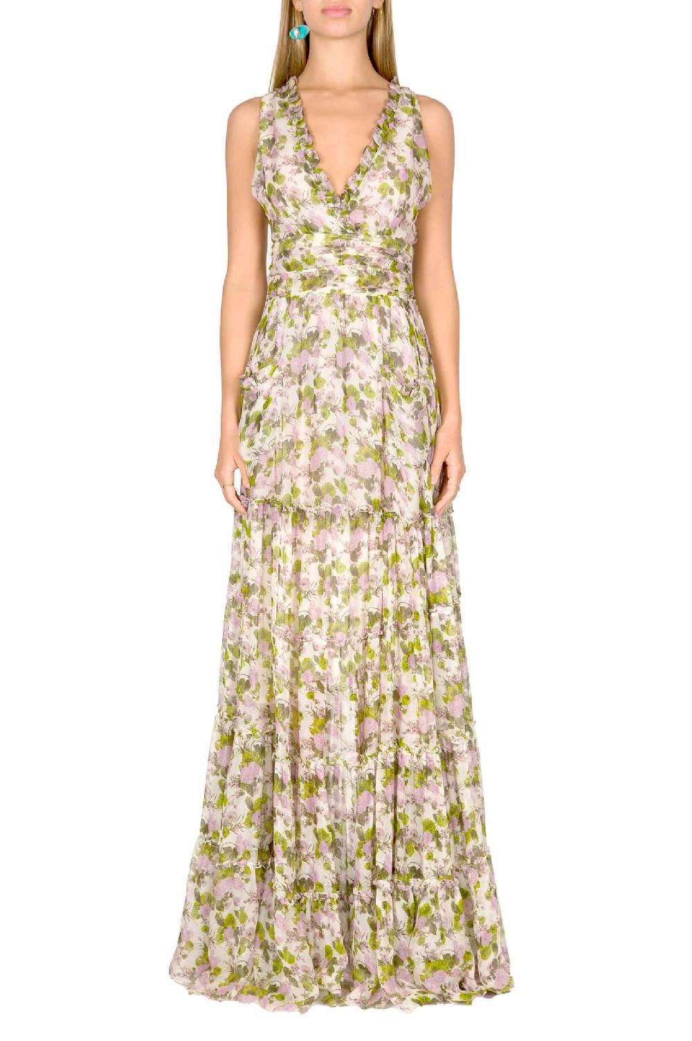 Luisa Beccaria Abito lungo in chiffon increspato con rose in fiore In Vendita