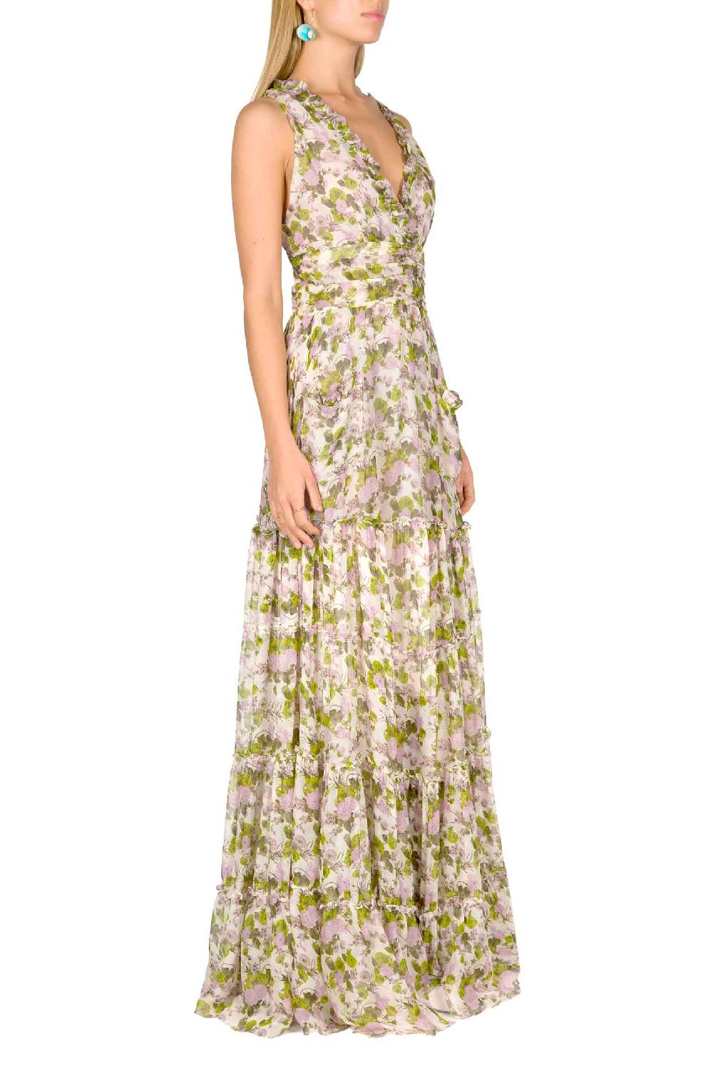 Luisa Beccaria Abito lungo in chiffon increspato con rose in fiore In Vendita