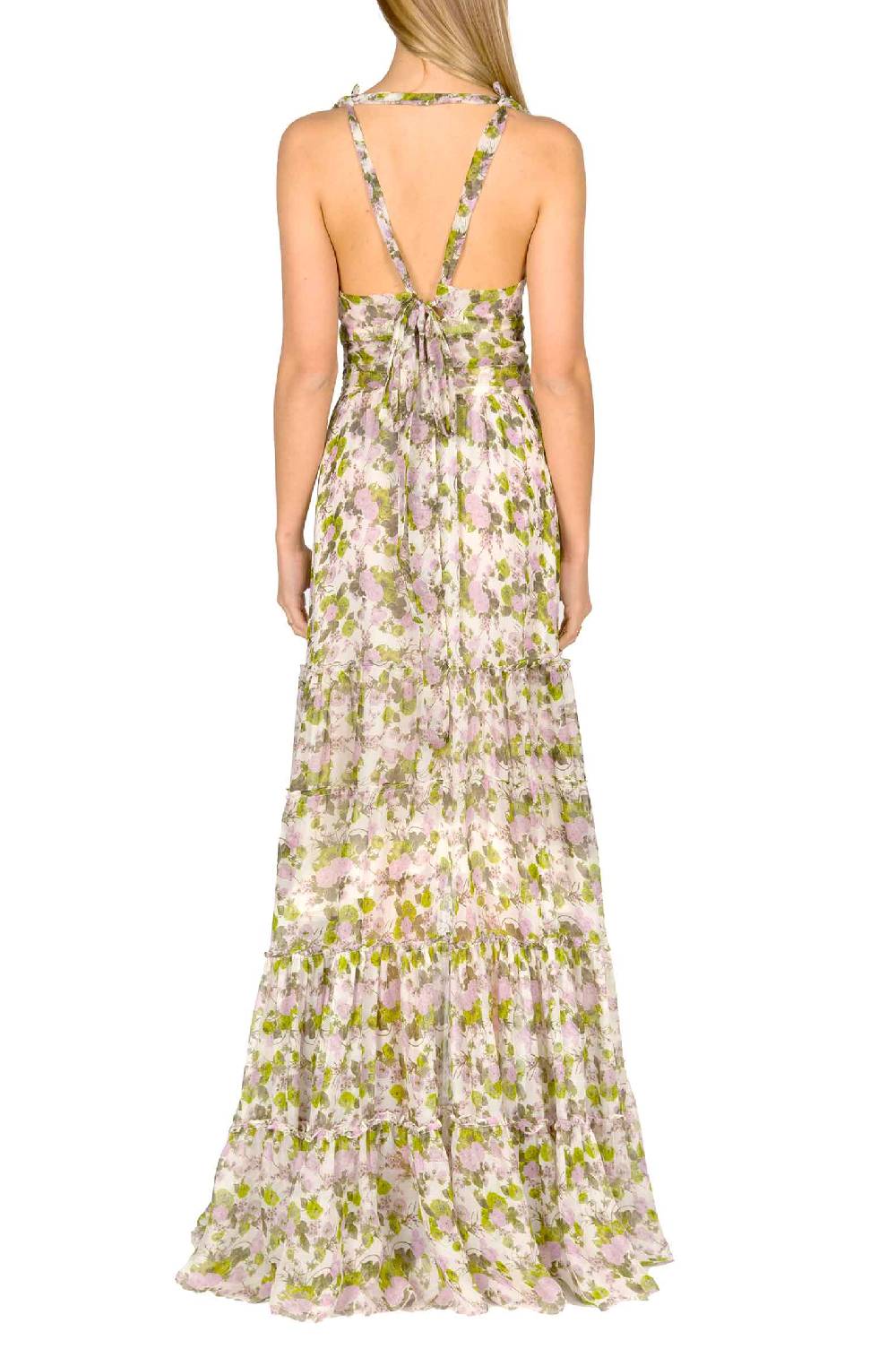 Luisa Beccaria Abito lungo in chiffon increspato con rose in fiore In Vendita