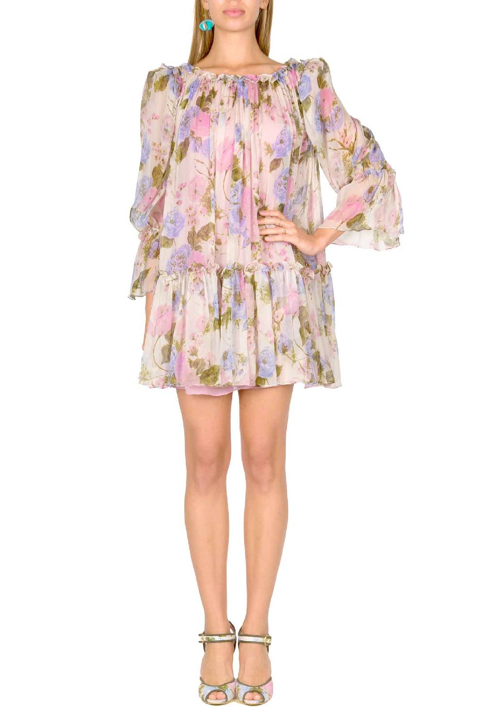 Luisa Beccaria Mini abito in chiffon stampato floreale con maniche a palloncino Consegna Veloce