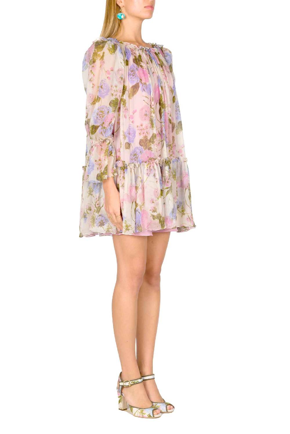 Luisa Beccaria Mini abito in chiffon stampato floreale con maniche a palloncino Consegna Veloce