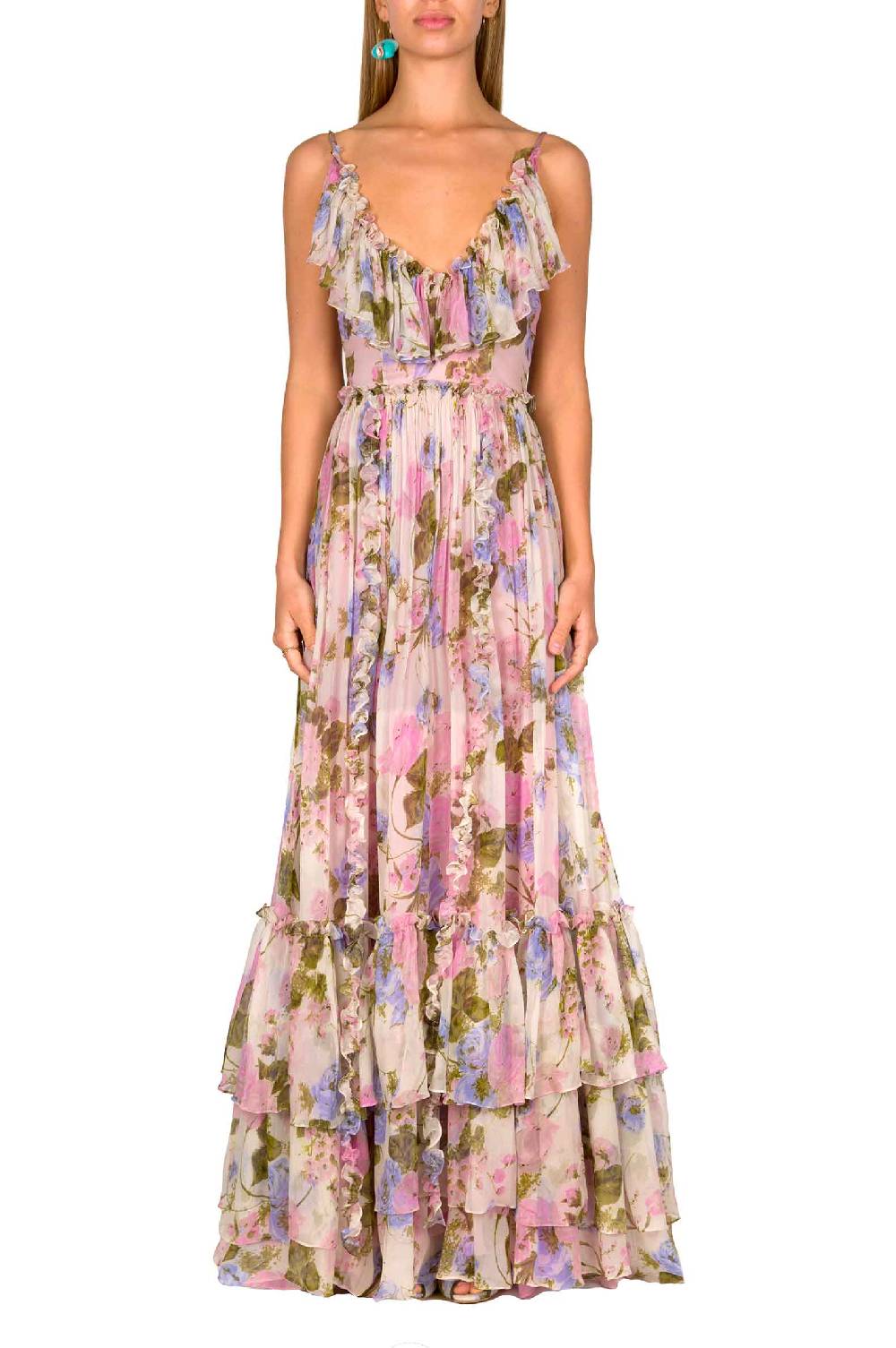 Luisa Beccaria Maxi abito arricciato in chiffon floreale Vendita Calda