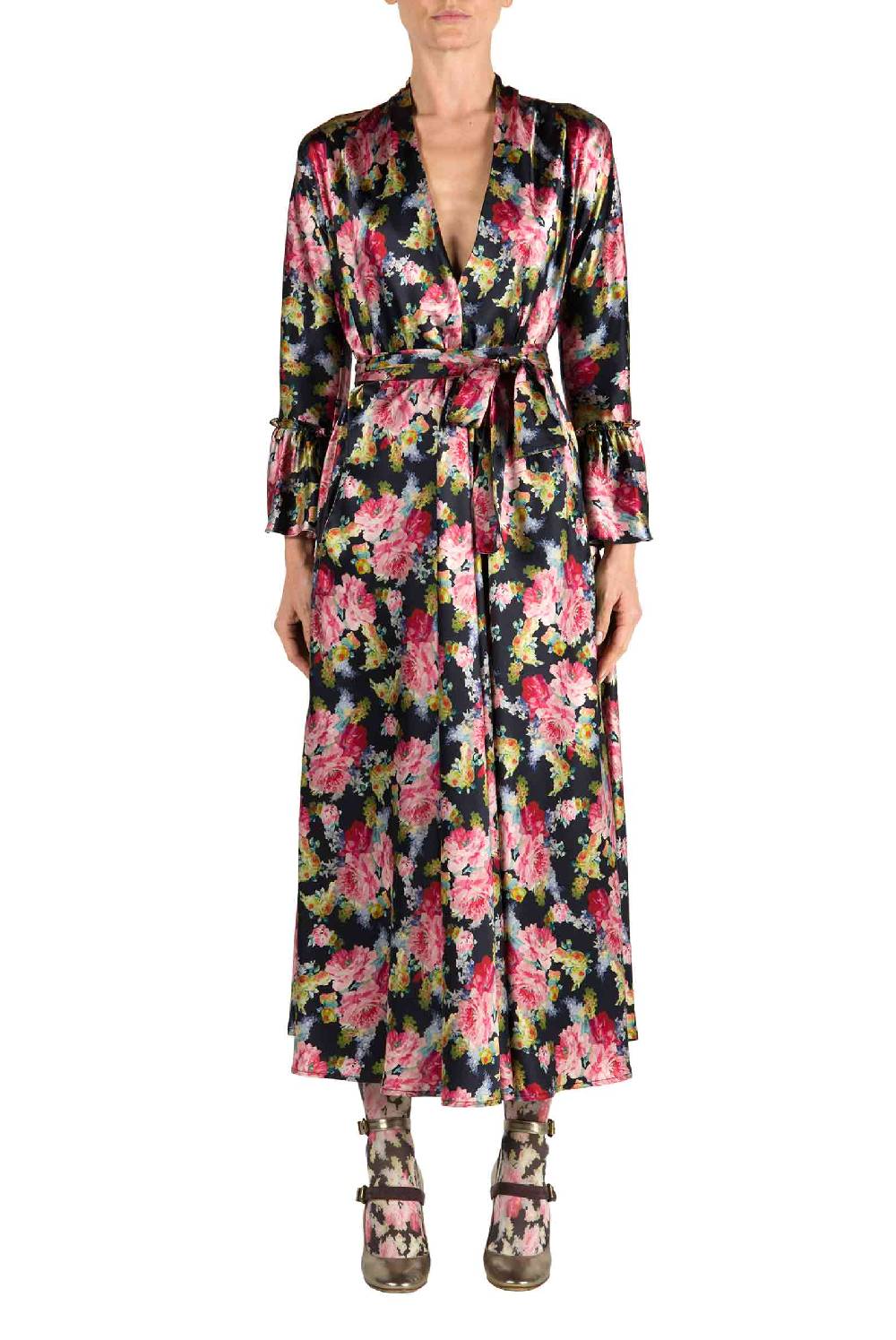 Luisa Beccaria Abito Luisa Wrap Satin Floreale Stampa Rose Vendita Economica