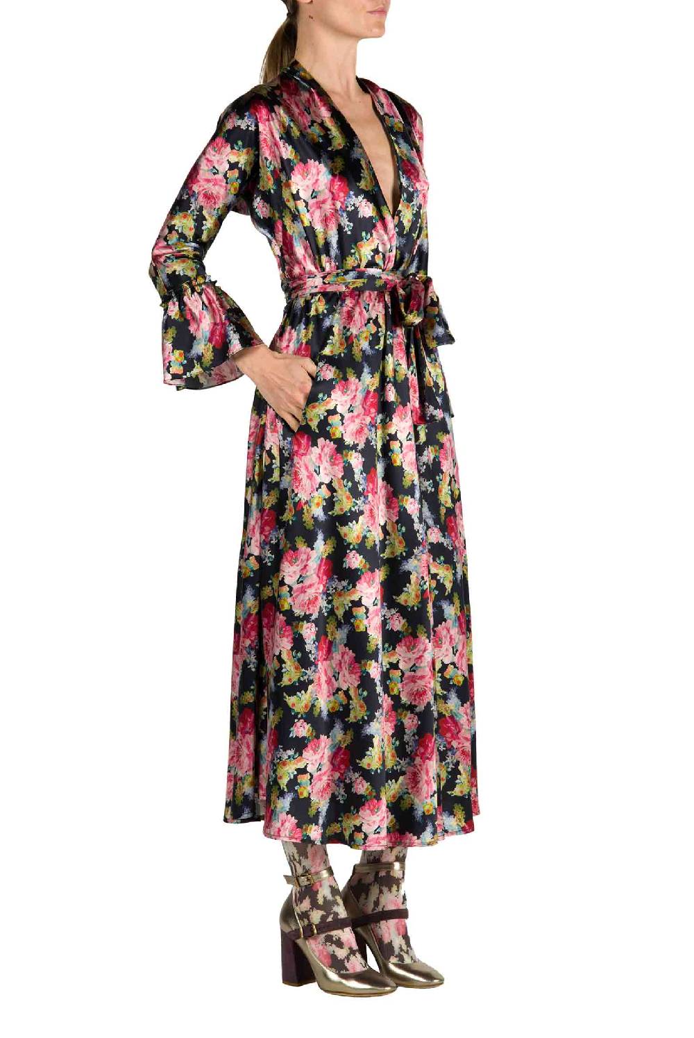 Luisa Beccaria Abito Luisa Wrap Satin Floreale Stampa Rose Vendita Economica