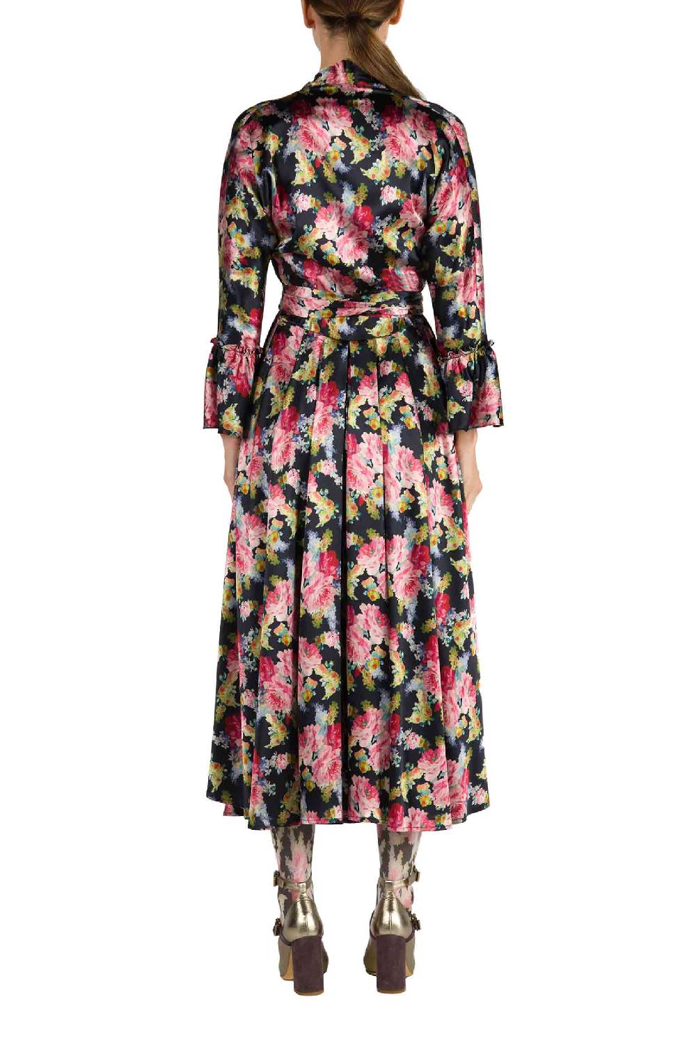 Luisa Beccaria Abito Luisa Wrap Satin Floreale Stampa Rose Vendita Economica