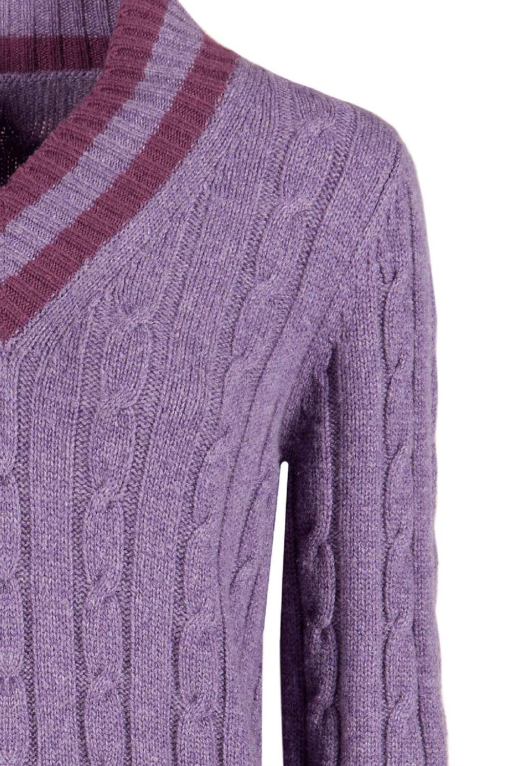 Luisa Beccaria Maglia viola in cashmere a trecce con scollo a V Nuova