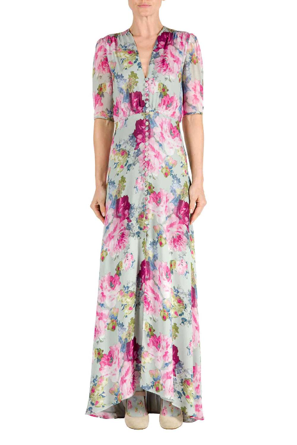 Luisa Beccaria Abito Bottoncino in Crepe Stampa Floreale Rose Outlet
