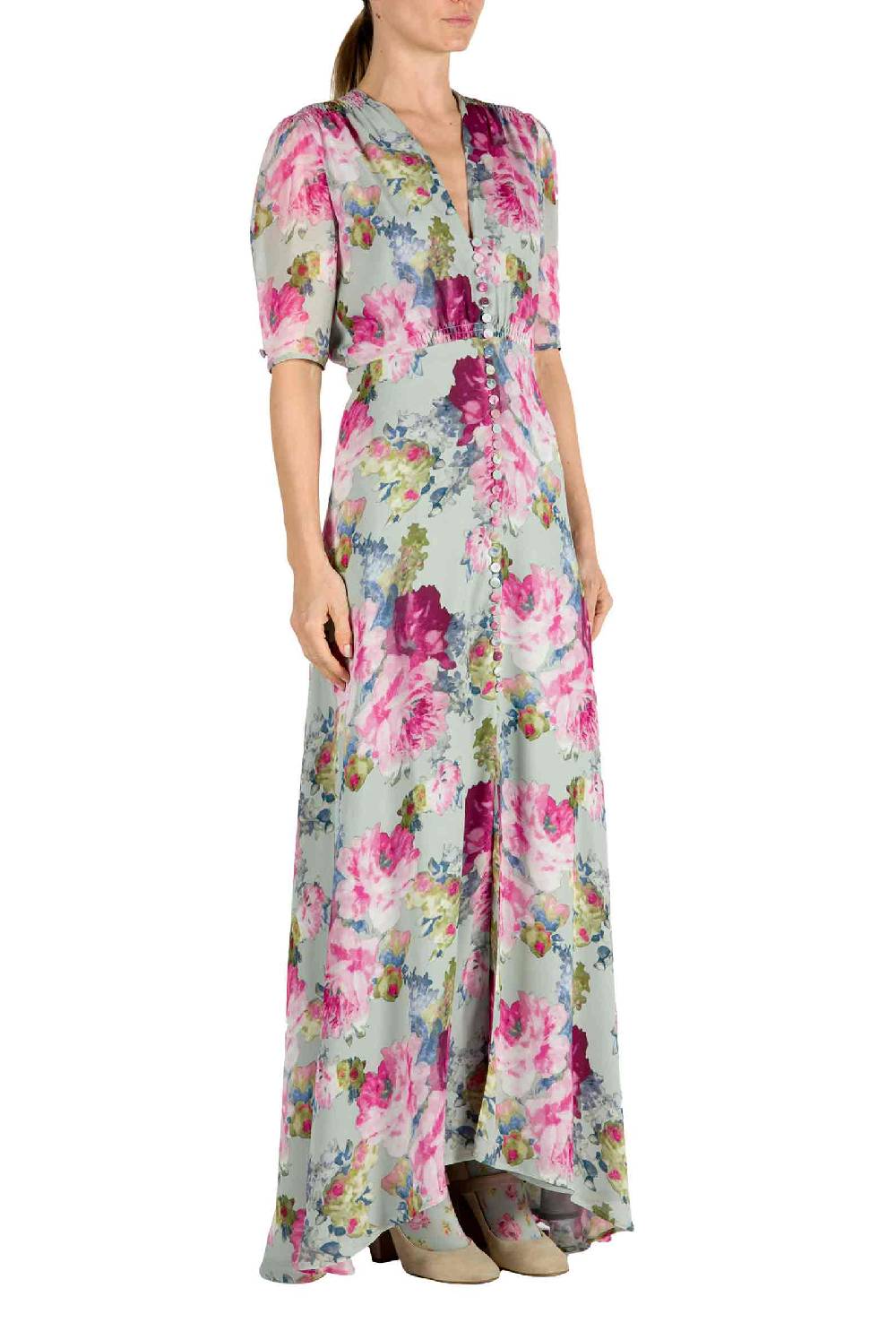 Luisa Beccaria Abito Bottoncino in Crepe Stampa Floreale Rose Outlet