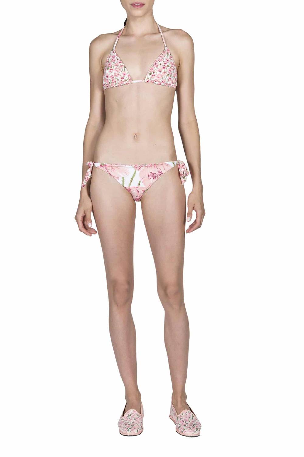 Luisa Beccaria Bikini Triangolo E Slip Rosa Papaveri Double Face Italy