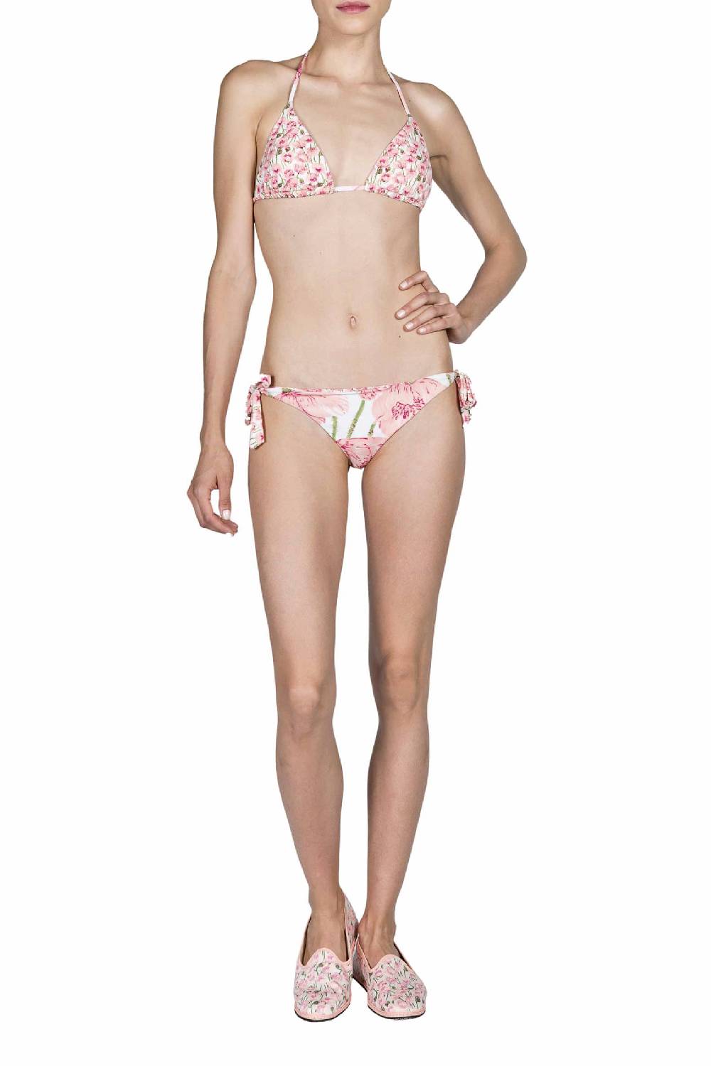 Luisa Beccaria Bikini Triangolo E Slip Rosa Papaveri Double Face Italy