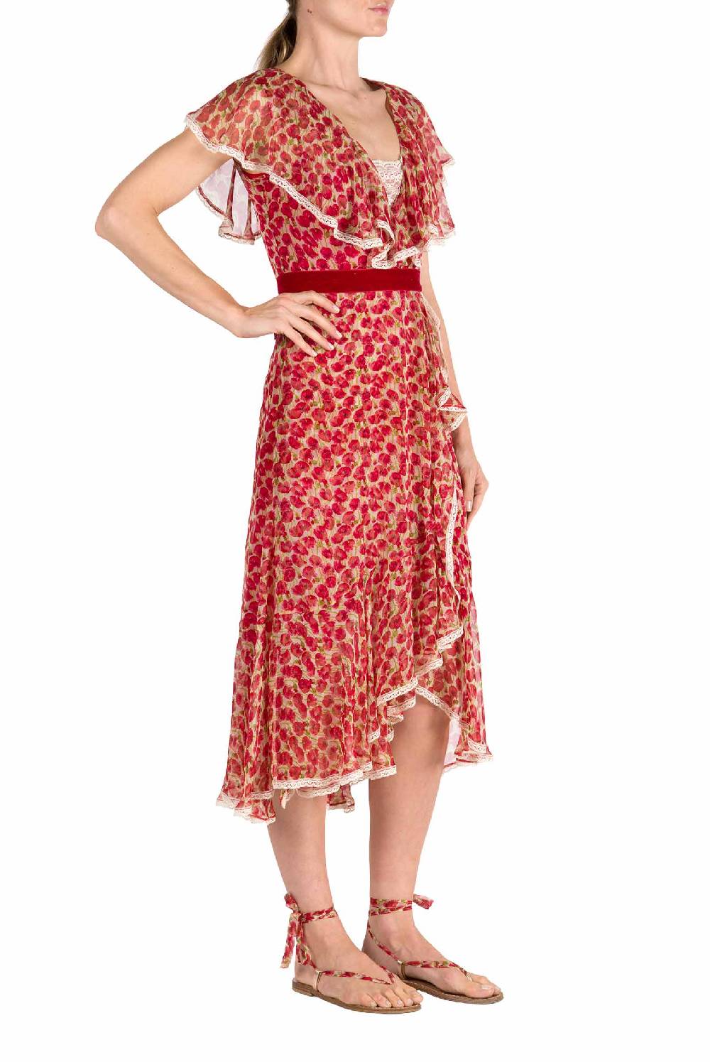 Luisa Beccaria Abito in chiffon con micro papaveri Vendita Calda